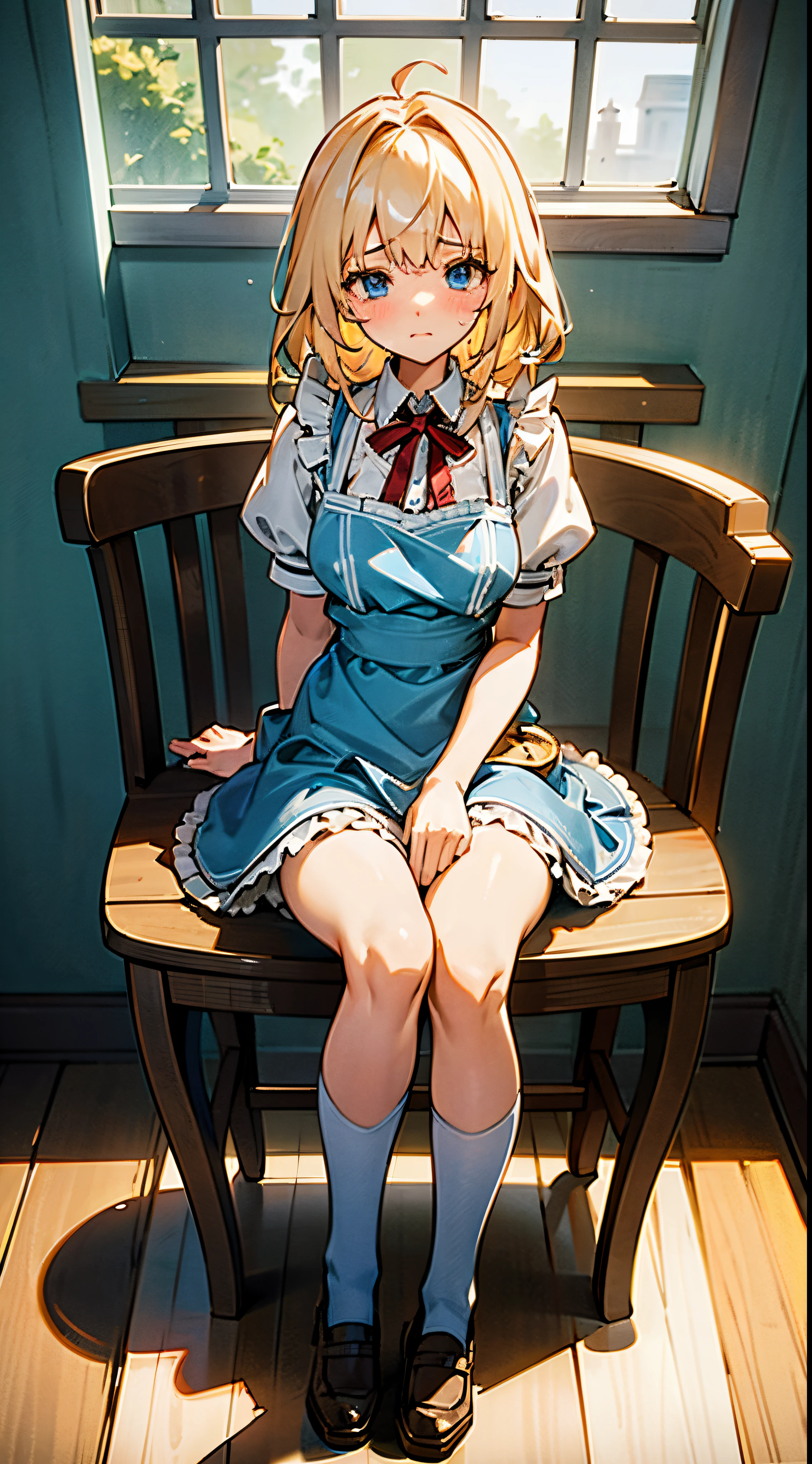 alice in the wonderland, Super cute girl, a blond, long, shame, your face looks like me'Because I feel like crying'I'm embarrassed because pee came out., light blue fluttering short dress, frilld付きの白いエプロンスカートを重ねて, frilld, B-cup breast, Light blue fluttering mini skirt, long white knee-high socks that go above the knee, and draw the full body, Sitting on a chair, Inside an old Western-style building, absurd worldview, A window that lets in bright sunlight, Her clothes are a little disarrayed and her breasts are exposed.., Draw nipples,Her skirt is a little disarrayed and her crotch is visible.., draw the genitals in the crotch, pee, When you pee, urine comes out from your crotch and flows down your thighs..