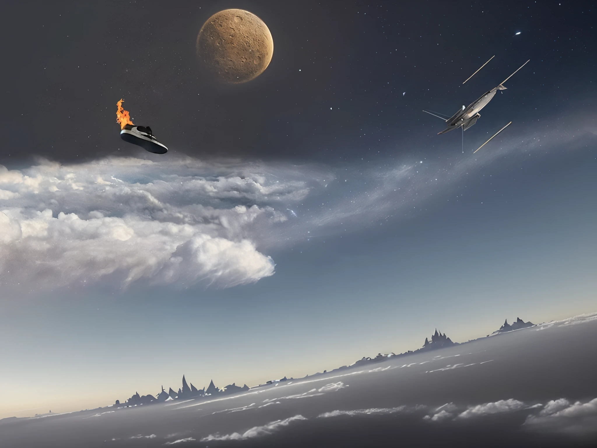 there is a jet plane flying in the sky with a full moon in the background, Colagem Estilo Joseba Elorza, colagem surreal, an epic space ship scene, Travis Scott voando sobre a Terra, inspirado em Chesley Bonestell, drifting in space, floating through space, floating in the space, floating in the space, it is flying through space, badass composition, 🚀🚀🚀