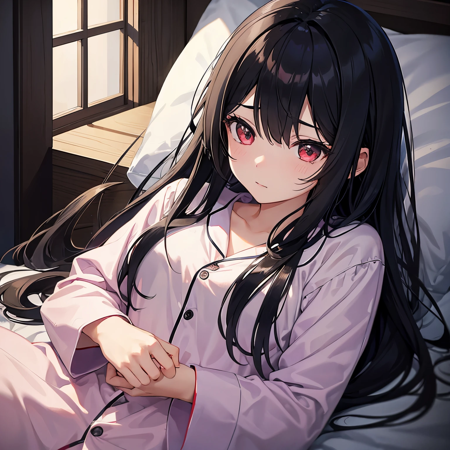 1人、girl with、Long black hair、Eyes are red、Sleeping in bed、s Pajamas、unclear、kawaii、Looking at the camera