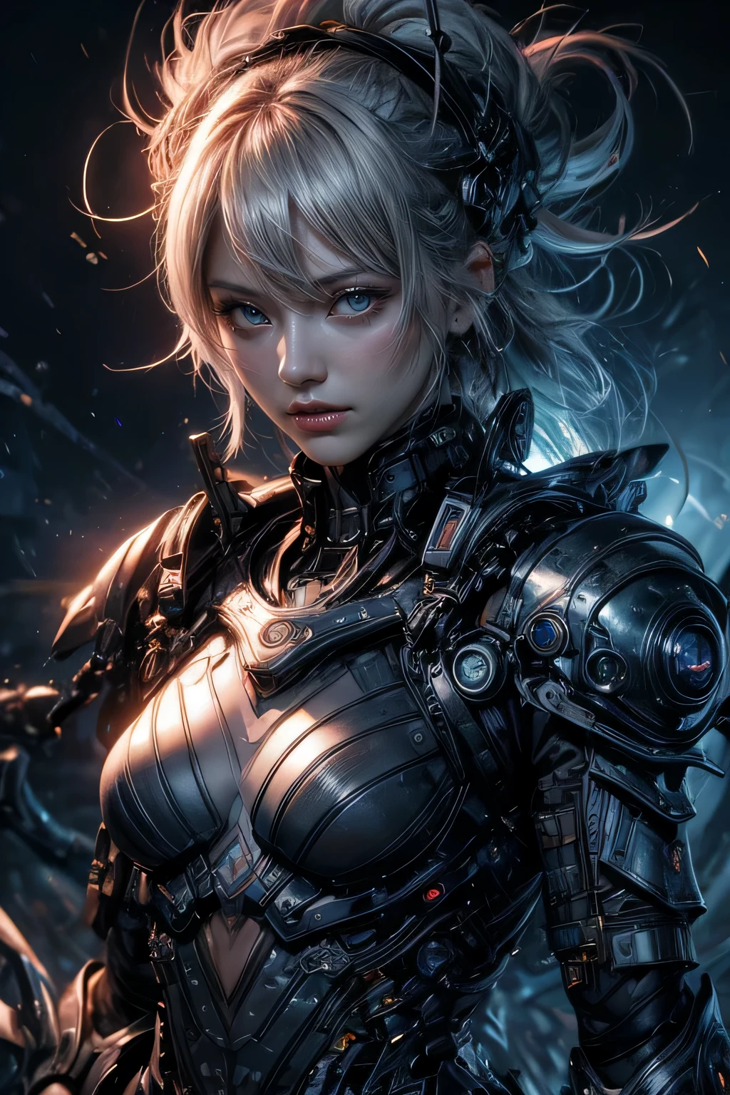 nffswメカニズム, Beautiful eyes, Upper body, （Mechanic Armor）, Portrait、abyss、Shooting with a wide-angle lens,flawless、Neon light, 8K, raw, Best Quality, masutepiece, 超A high resolution, Colorful, (medium wide shot), (Dynamic perspective), foco nítido , (depth of field f16), ighly detailedな目と顔,ninjartist, Trimmed gear:1.2), ((masutepiece, Best Quality)), Detailed background, Inside the spacecraft、Hold your weapon、Double exposure of a person and a spiral、（Gray hair）、brue eyes、Nvidia GTX,bio luminescent、lots of crescent moons,​masterpiece,connected to the plug、spectrum、Space City、ighly detailed beautiful porcelain profile female android face、Complex 3D rendering of a headset、cyborgs、机器人部品、150mm、Beautiful studio soft lights、Rim Light、Vivid details、luxuriouscyberpunk、Ren Hao、surrealistic、Anatomical、Beautiful background of facial muscles、octan render、8K、top-quality、​masterpiece、illustratio、extremely delicate and beautiful、ighly detailed、nffsw ,Unity ,wall-,magnifica, Attention to detail, ​masterpiece,top-quality,Official art,Highly detailed ticker Unity 8K wallpapers、机器人、((full body Esbian))