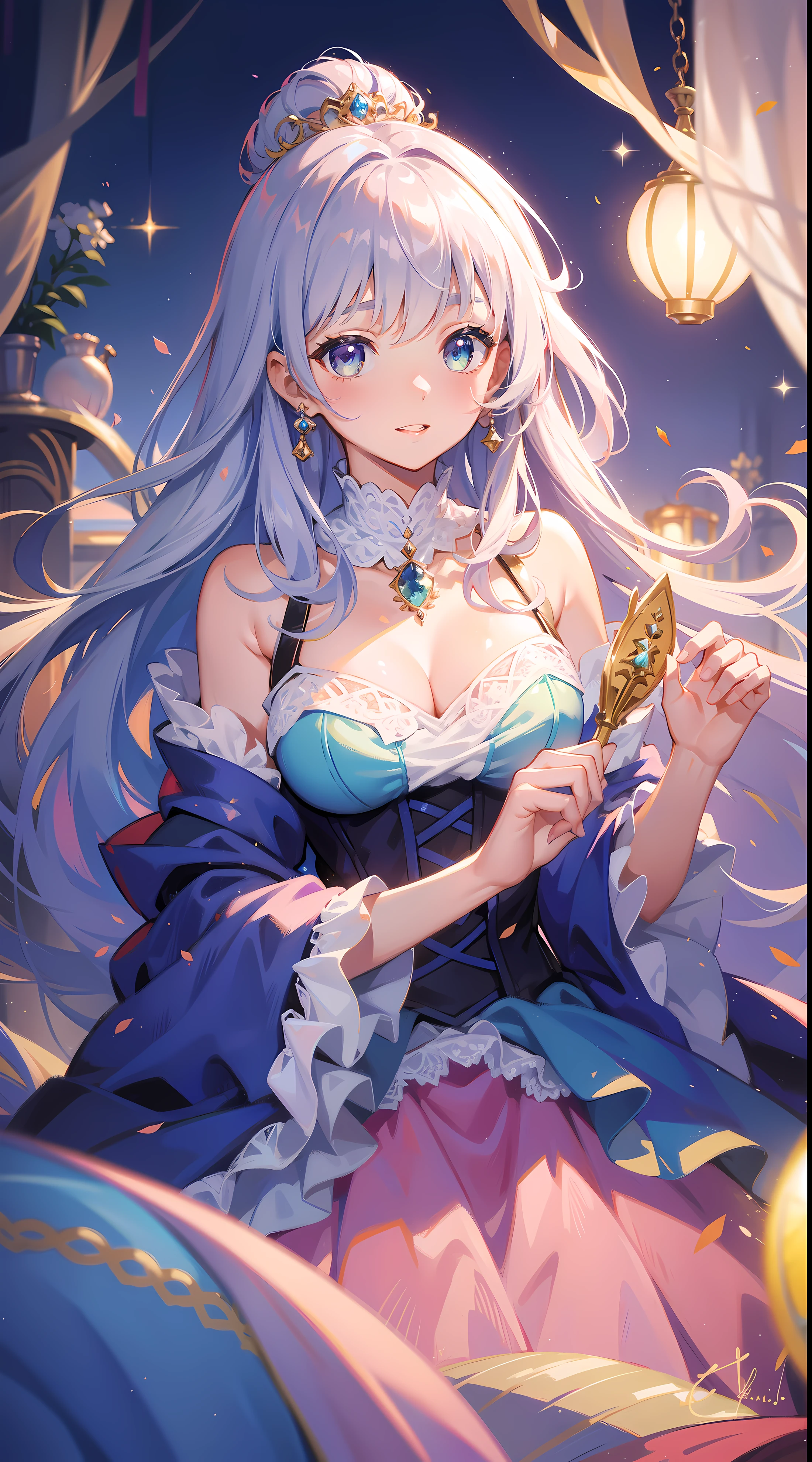 tmasterpiece, 8K, Focus sharp, A high resolution, A princess, beuaty girl, 梦幻A princess裙, Fluffy layered prom dress, big bust bra, collars, Focus sharp, Meticulous clothing design, Colorful, Whimsical, Fantastical, magical