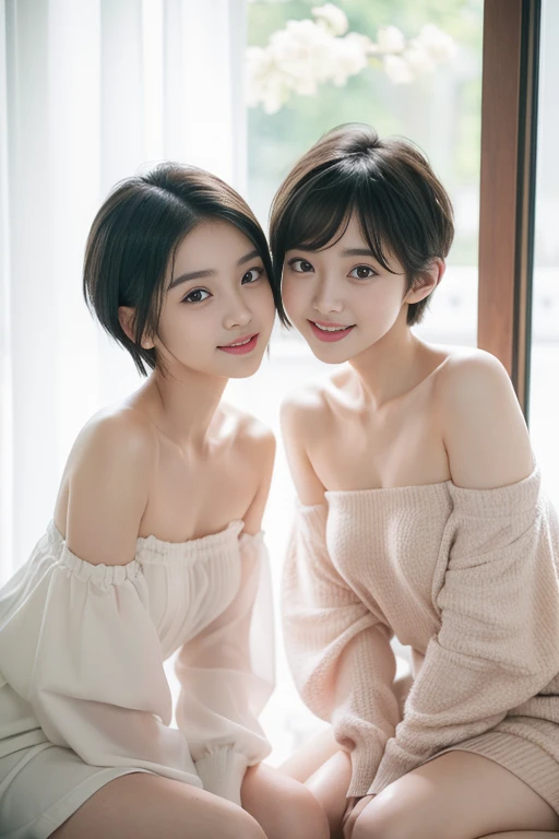 Two beautiful women、18year old 、student clothes、Half body shot、80mm、A smile、bangss、NSFW、nudde、nudde