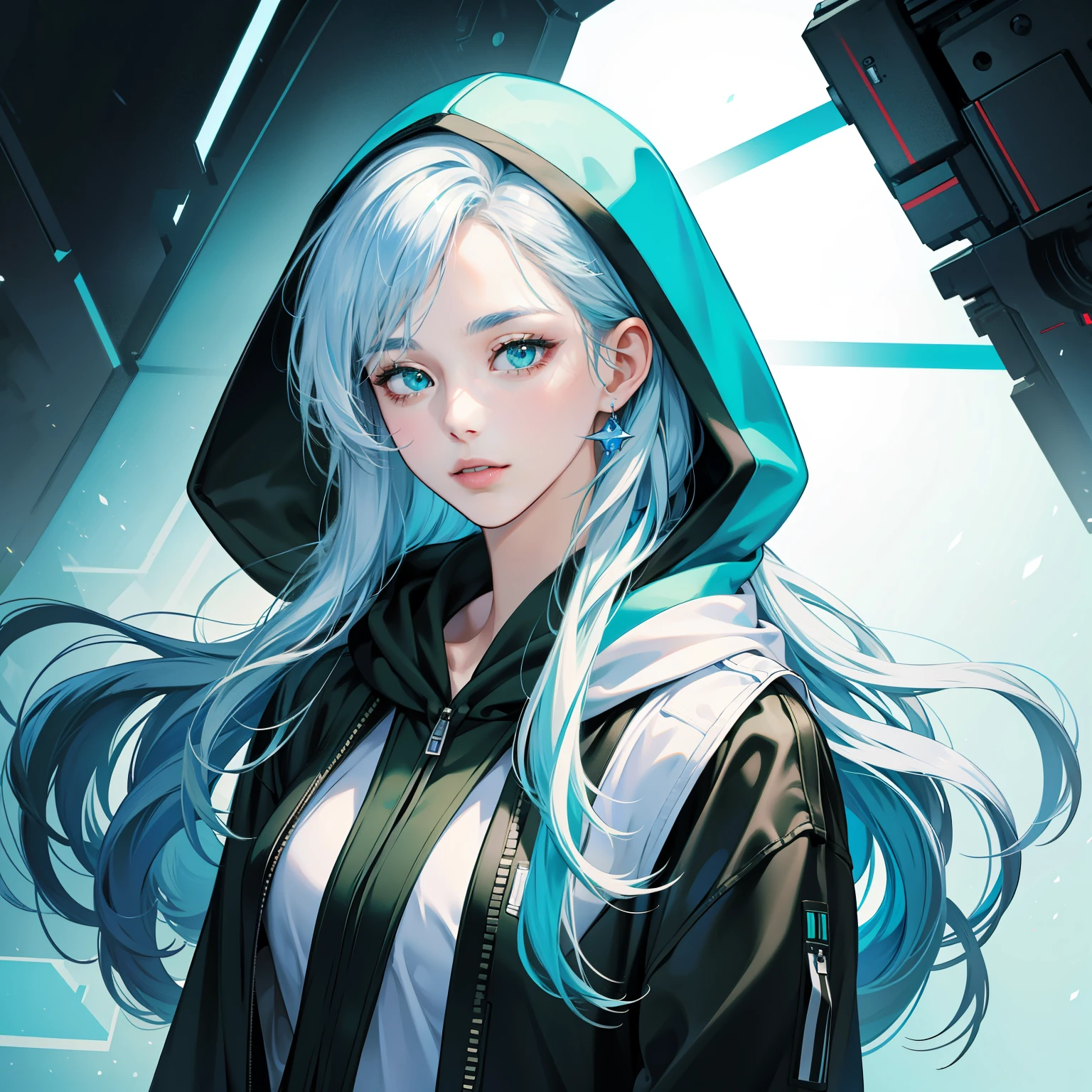 Masterpiece, high quality, best quality, HD, realistic, perfect lighting, detailed body, 1 woman, perfect eyes, long hair, white & blue Hair, Green and black hoodie, set background.