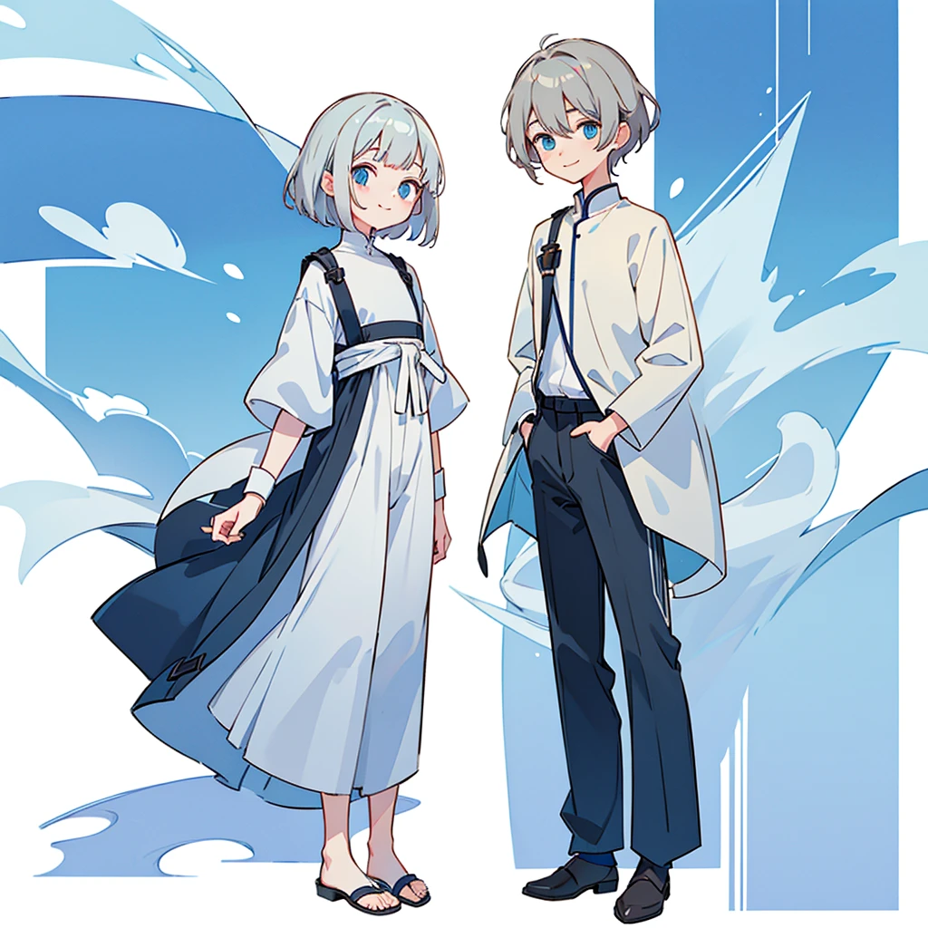 Gray hair、beautiful hairl、short-hair、Cuticle hair、Blue eyes、((male people))、((A slight smil))、Calm、Gentle、Full body like、everyday clothes、simple clothes、Knee-length trousers、Shoulder out、Standing Picture、White background、top-quality、8K、detaileds、precision、high-level image quality