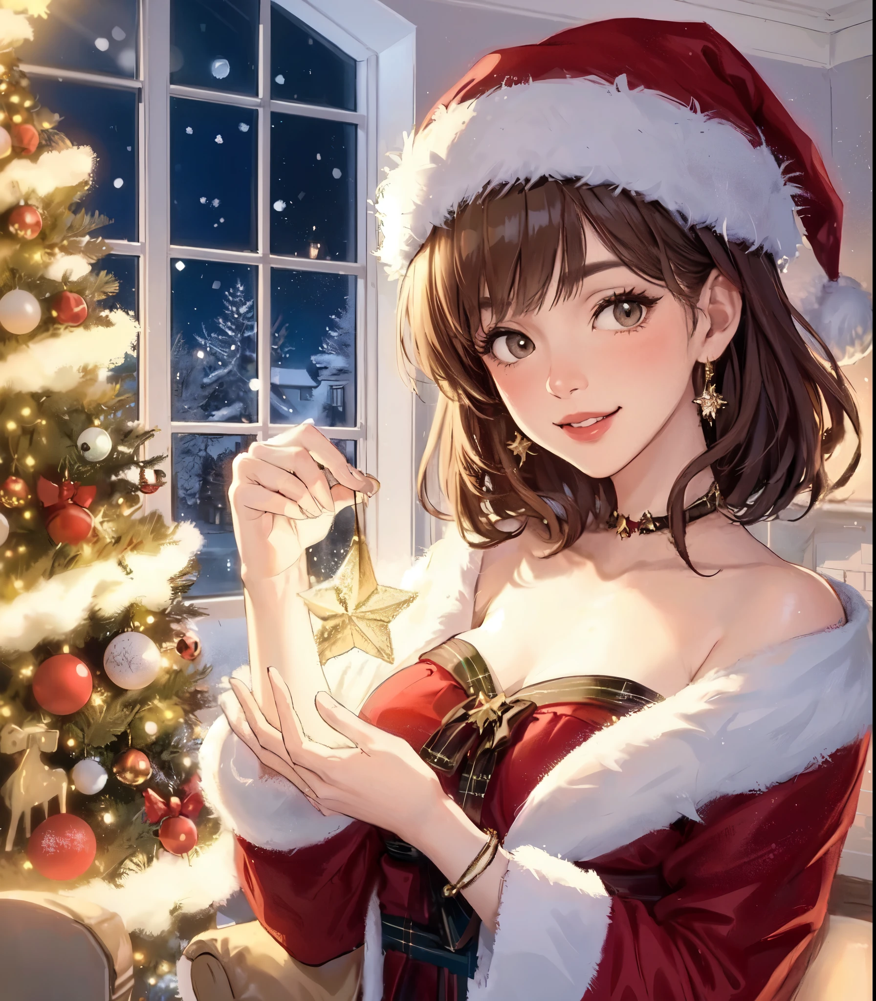 1lady solo, (looking at viewers), (stylish outfit) (Santa Claus costume:1.2), mature female, /(brown hair/) bangs, blush kind smile, (masterpiece best quality:1.2) delicate illustration ultra-detailed, large breasts BREAK (holding a Christmas ornament) BREAK (modern house living room) indoors, (Christmas tree glowing)