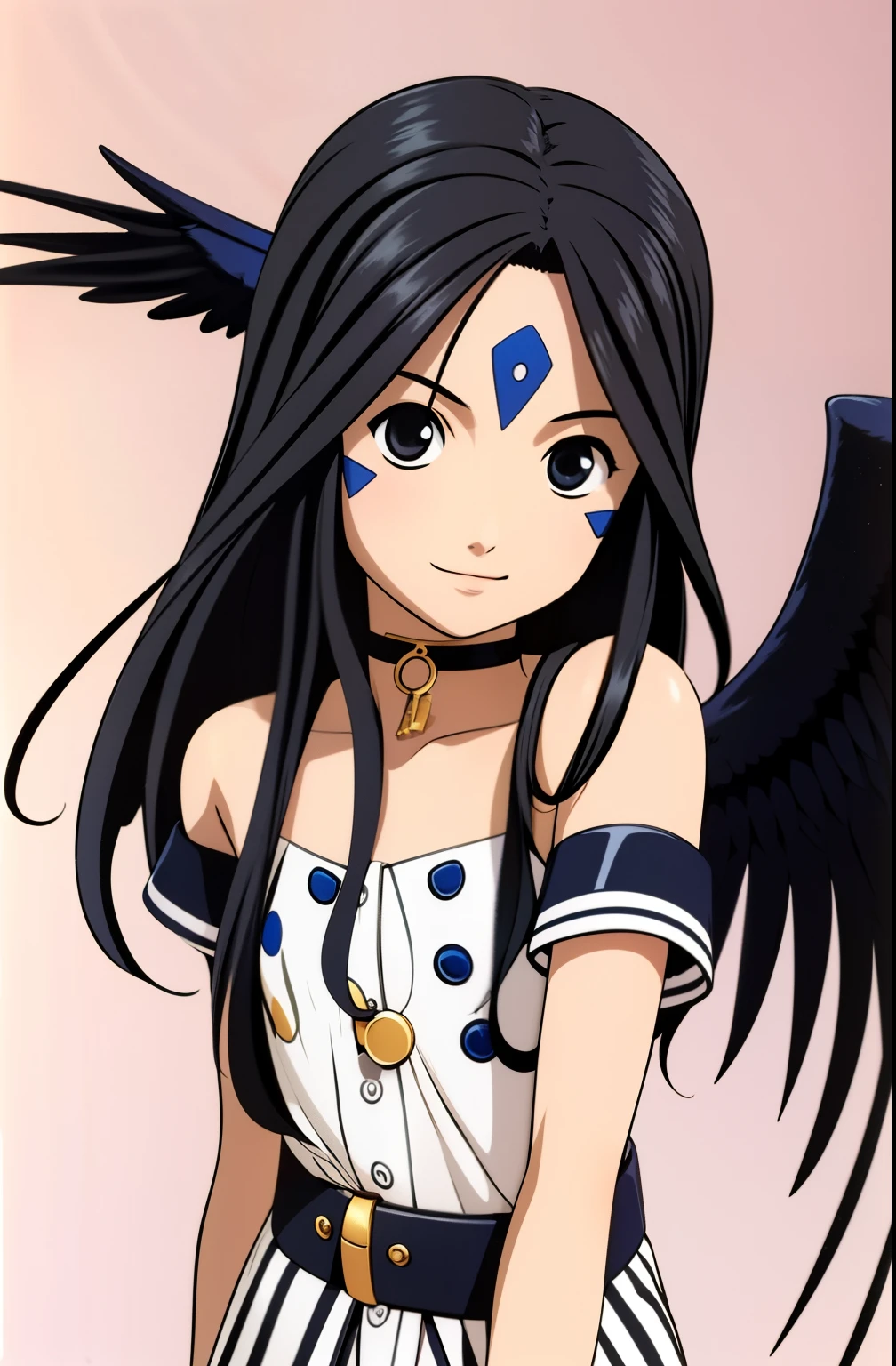 (masterpiece), bestquality, high-res, skull, long-haired, Black eye, Black Hair, facial mark, Forehead marker, gloves, wings, choker, bracelet, rings, body hair, angel wings, Straight face, Look at the camera.,  (Forrest:1.1), stand, 14 years old