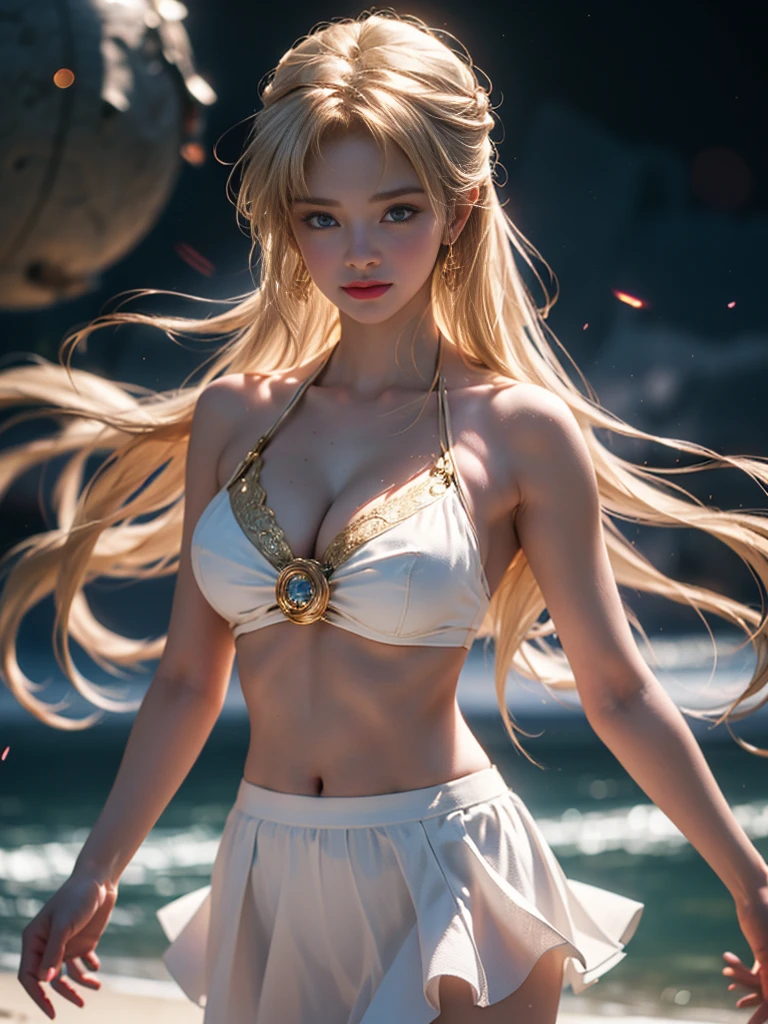 tmasterpiece,Highest image quality,super detailing,Best quality ,Extremely Delicately Beautiful, Very meticulous,Best quality, offcial art, extremely detaild的 CG unified 8k wallpapers,(CG Unity 8K wallpaper in extreme detail,tmasterpiece,Highest image quality),(Delicate light and shadow,The picture is highly dramatic,Cinematic lens effect), (the sailor moon:1.1),Charming smile,double tails, eBlue eyes,golden hair, Skinny lace top,whitegloveini-skirts,dynamicposes),The background is the universe(Exceptional detail,The lighting effect is outstanding,Vista wide angle),(Excellent rendering,Enough to stand out from the crowd),性感Big breasts,The sexiest look,Twisted braided kini swimsuit,Dreamcatcher earrings,The most beautiful woman in the world,(Big breasts,Deep,The kinky is exposed,Camel toes,Taste,),