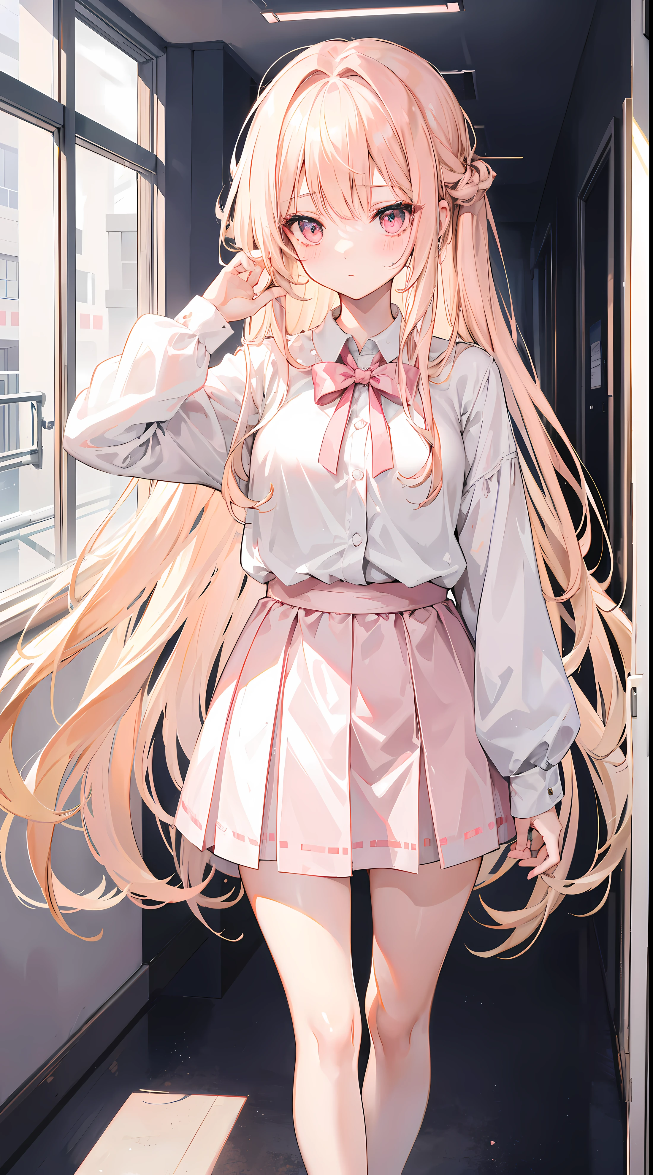 Long blonde hair scattered behind his back,a pink eyes,girl in white skirt,She played with her hair in front of the small mirror in her hand。,Medium build,high school senior,In the corridor next to the college,blush blush,eye shadows,tmasterpiece,Delicate girl,Have big eyes