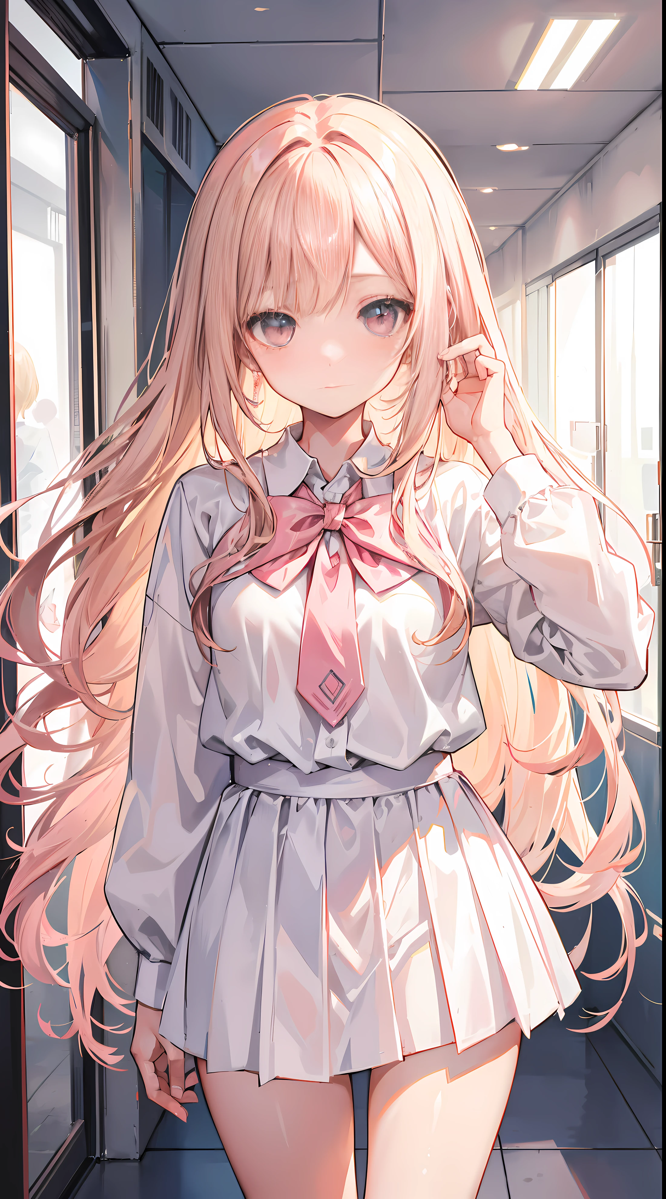 Long blonde hair scattered behind his back,a pink eyes,girl in white skirt,She played with her hair in front of the small mirror in her hand。,Medium build,high school senior,In the corridor next to the college,blush blush,eye shadows,tmasterpiece,Delicate girl,Have big eyes