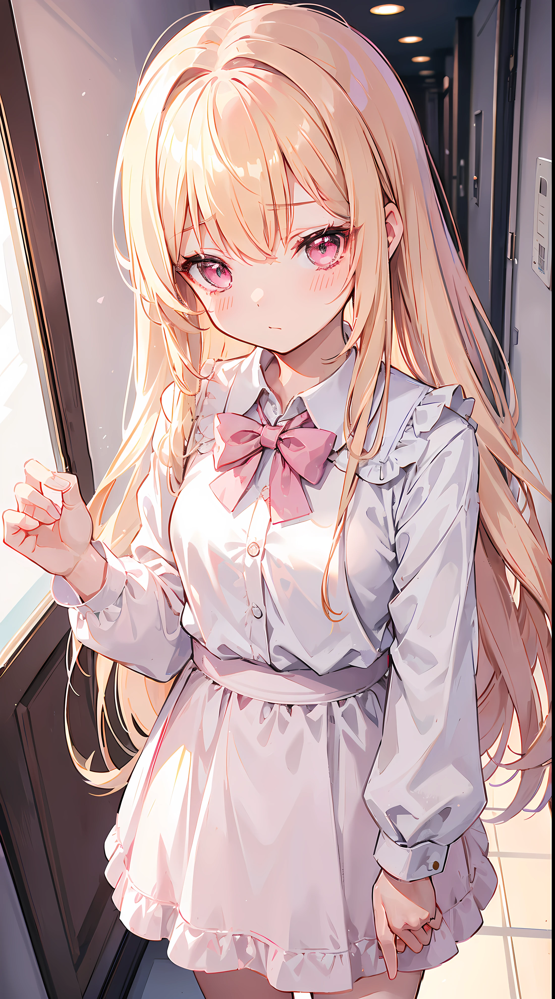 masterpiece, high quality, 1 girl, Improve, blonde hair, pink eyes, school uniform, Thighhighs, pink good、Cute white and pink underwear fully visible、Skirt rolled up by myself、blush、sexy、cute、