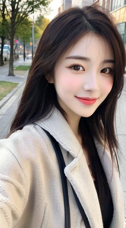 Generate a full-body portrait of yourself taking a smartphone selfie while walking your dog on the outskirts of town。Wearing a coat over tight-fitting knitwear , gravure idol body shape , G Cup Bust , Beautifully extended limbs down to the last detail , Close-up of a woman with long black hair, Realistic. cheng yi, beautiful Korean women, A smile like smiling at a lover , beautiful portrait image, gorgeous face portrait, Stunning anime face portrait, Korean Girl, high quality portrait, Beautiful delicate face, Photorealistic beautiful face, Beautiful young Korean woman, beautiful realistic face, Cute delicate face, portrait cute-fine-face