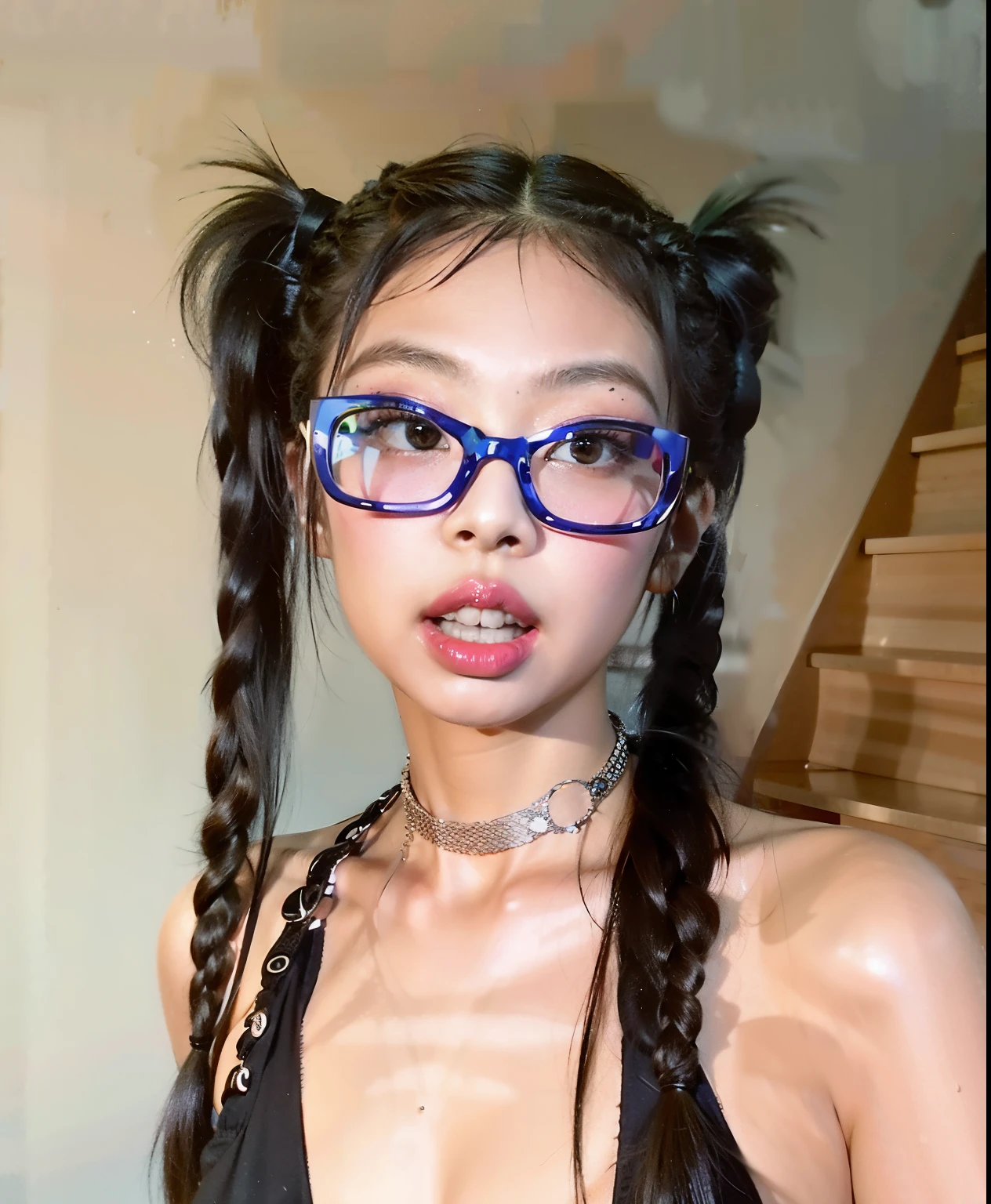 there is a woman with glasses on her face and a necklace around her neck, pigtails hairstyle, with black pigtails, two pigtails hairstyle, linda Delphine, penteado twintails, pigtails, hair in pigtails, pigtails hair, pigtail, colorful pigtail, 1 7 -  - old h girl, long pigtail, with square glasses