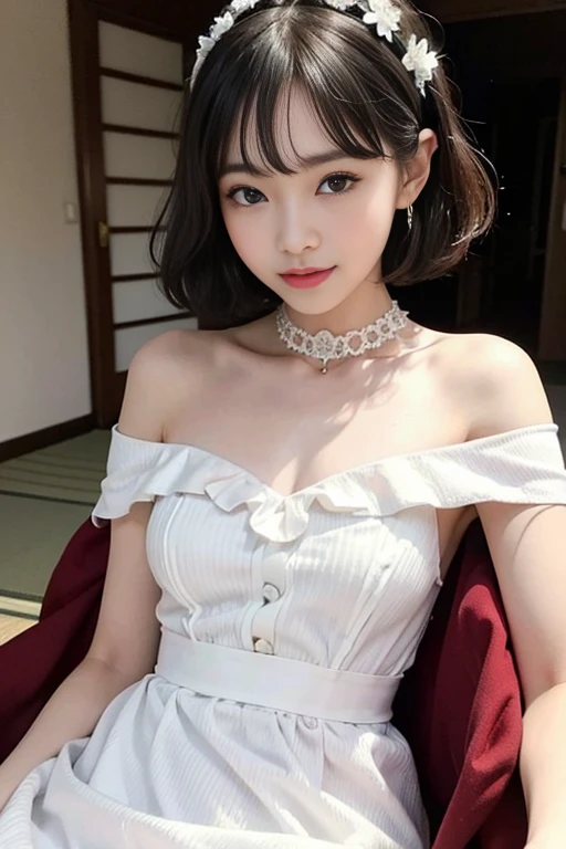 (((​masterpiece))),  (Two Japan Beautiful Girls, couple focus, classmates, Pure and innocent，kawaii) ，超A high resolution, Realistic, ultra-detailliert, 8K,top-quality, Extremely detailed, Detailed background,A slender,very beautiful japanese girl, Detailed face:1.3), (Boyish short-haired，A dark-haired :1.4), (a baby face，kawaii系,adolable), (Perfect body:1.1), White Dress, Show your beautiful teeth，Bursting smile, beautiful off shoulder clavicle、Scrunchie,Super Detailed Face、Detailed lips、A detailed eye、small gravure idol，Transparent skin