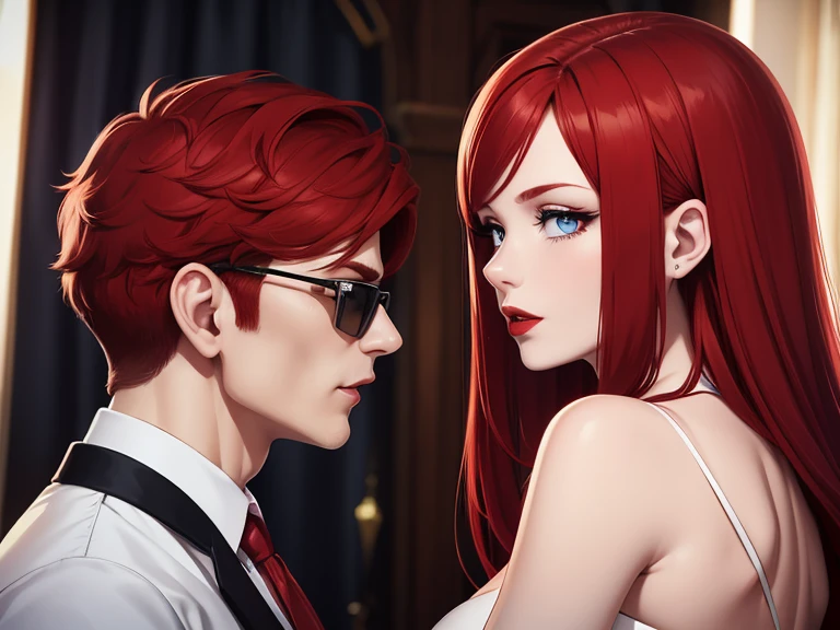 A red-haired man wearing sunglasses looks into the eyes of a red-haired, blue-eyed woman, red lipstick. Perfect wedding scene The details are clear. Up to 8k resolution, perfect details. perfect face
