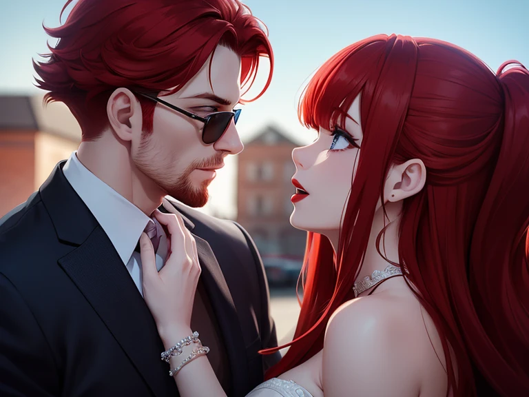 A red-haired man wearing sunglasses looks into the eyes of a red-haired, blue-eyed woman, red lipstick. Perfect wedding scene The details are clear. Up to 8k resolution, perfect details. perfect face