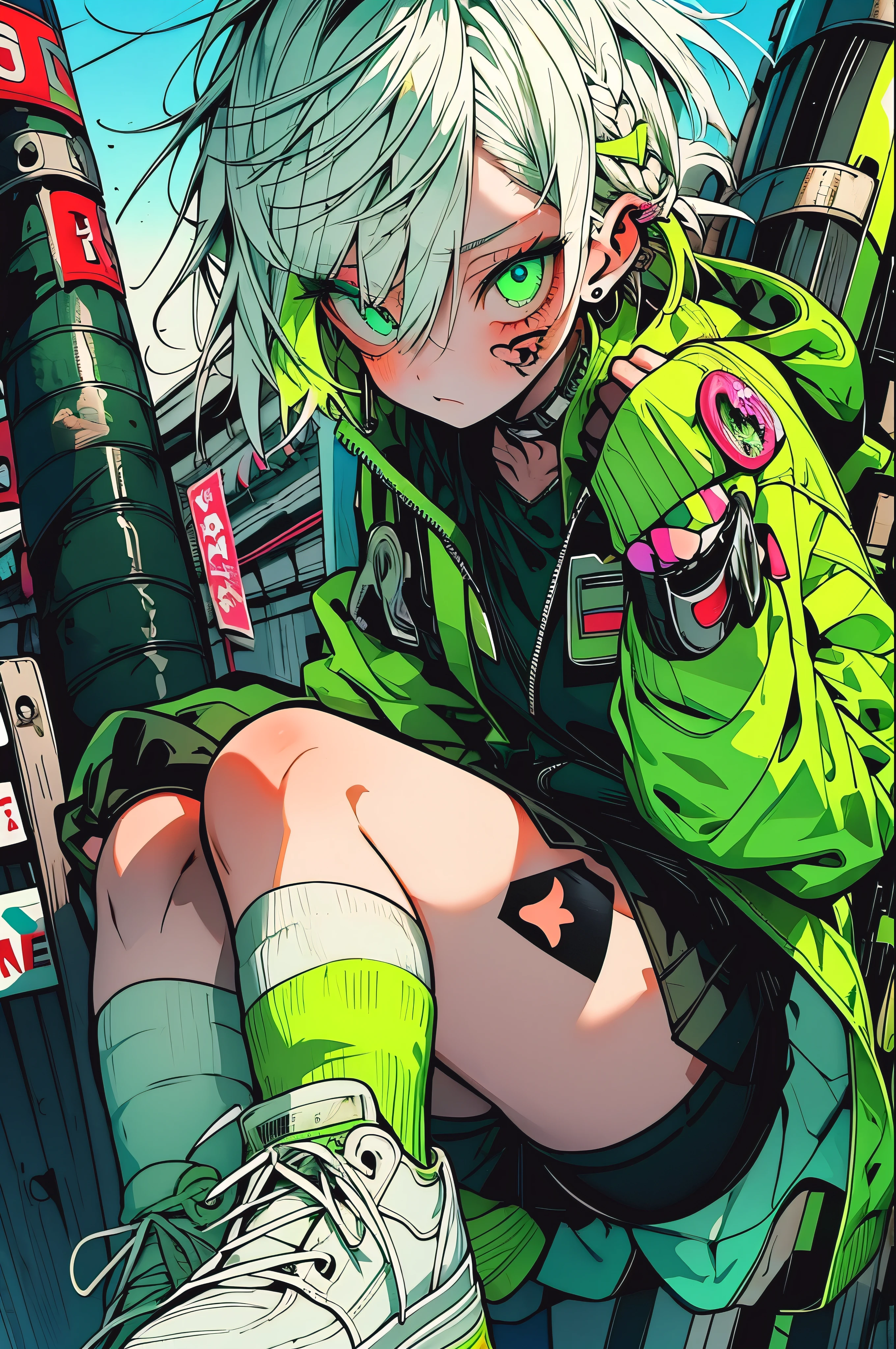 Step Piece, Best Quality, Best Illustration, Ultra-detailed,girl, White hair, cool yellow open short jacket, The tattoo, Messy Fade Cut Hair, Side braided hair,Crazy, A scene where you jump using your whole body, abandoned amusement park background,knee high socks,quirky sneakers,Eyeshadow on the eyes,unusual colored eyes, Eyes of fear, Vivid eyes,Running in the sky