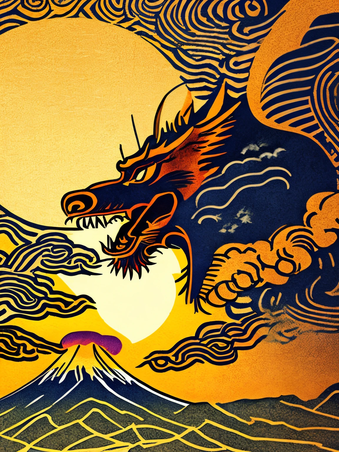 (back ground is Mt.Fuji, rising sun, sun), rising dragon, dragon, dragon has long body,