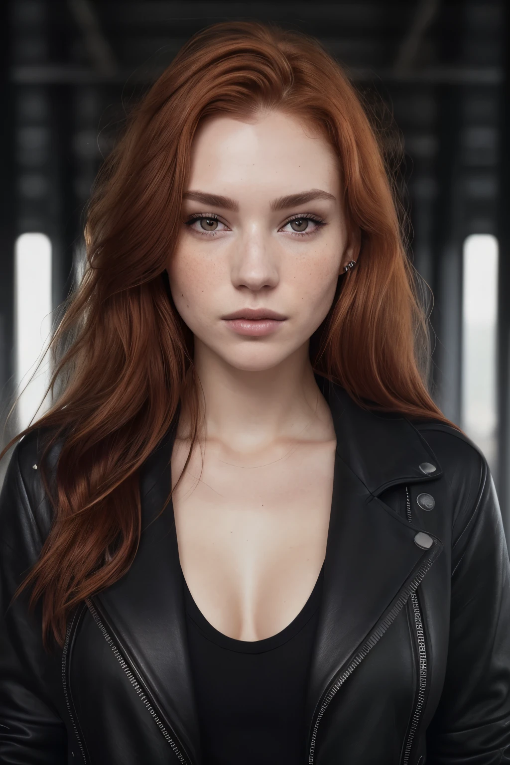 a photo of a seductive woman with loose styled (redhead hair:1.1), bored, she is wearing a hoodie and black leather jacket and leggings, mascara, (textured skin, skin pores:1.1), (moles:0.8), imperfect skin, goosebumps, flawless face, (light freckles:0.9), (sun-kissed:1.1), ((photorealistic):1.1), (raw, 8k:1.3),