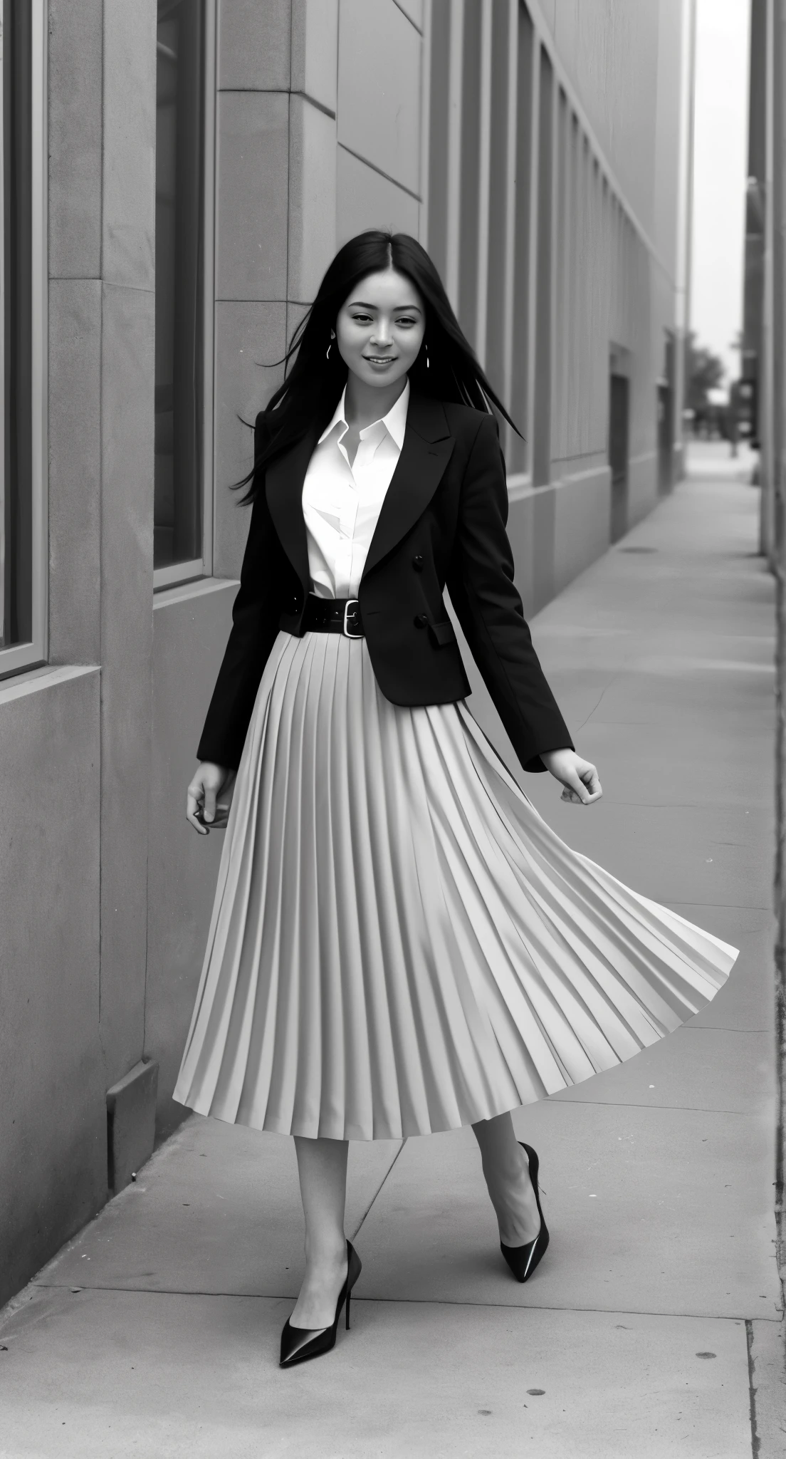 (shy:1,3) smiling woman playing with skirt, dancing, wearing short blazer and very very detailed (long (fully pleated) full circle skirt) and () low heeled office shoes, very very intricate hyper-detailed symmetric (attractive graceful young feminine face) with (sad, tired eyes and a shy smile), large breasts, full of empathy and compassion and love, (pronounced (feminine) features), (highly detailed ultra accurate realistic) hands and fingers, (windy conditions and wind blowing), epic composition, highly detailed attributes, highly detailed space station background, (35mm f1.4 Kodak portra 400 photograph), extremely high quality RAW photograph,
