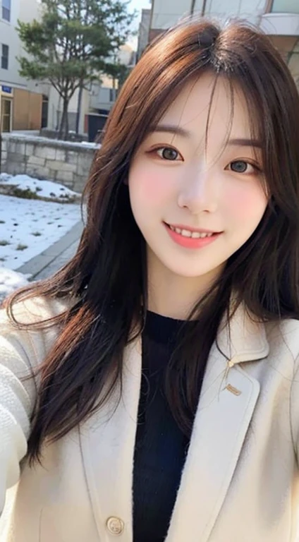Generate a full-body portrait of yourself taking a smartphone selfie while taking a walk on the outskirts of a snowy town.。Wearing a coat over tight-fitting knitwear , gravure idol body shape , G Cup Bust , Beautifully extended limbs down to the last detail , Close-up of a woman with long black hair, Realistic. cheng yi, beautiful Korean women, A smile like smiling at a lover , beautiful portrait image, gorgeous face portrait, Stunning anime face portrait, Korean Girl, high quality portrait, Beautiful delicate face, Photorealistic beautiful face, Beautiful young Korean woman, beautiful realistic face, Cute delicate face, portrait cute-fine-face