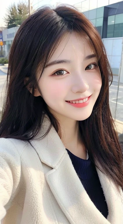 Generate a full-body portrait of yourself taking a smartphone selfie while taking a walk on the outskirts of a snowy town.。Wearing a coat over tight-fitting knitwear , gravure idol body shape , G Cup Bust , Beautifully extended limbs down to the last detail , Close-up of a woman with long black hair, Realistic. cheng yi, beautiful Korean women, A smile like smiling at a lover , beautiful portrait image, gorgeous face portrait, Stunning anime face portrait, Korean Girl, high quality portrait, Beautiful delicate face, Photorealistic beautiful face, Beautiful young Korean woman, beautiful realistic face, Cute delicate face, portrait cute-fine-face
