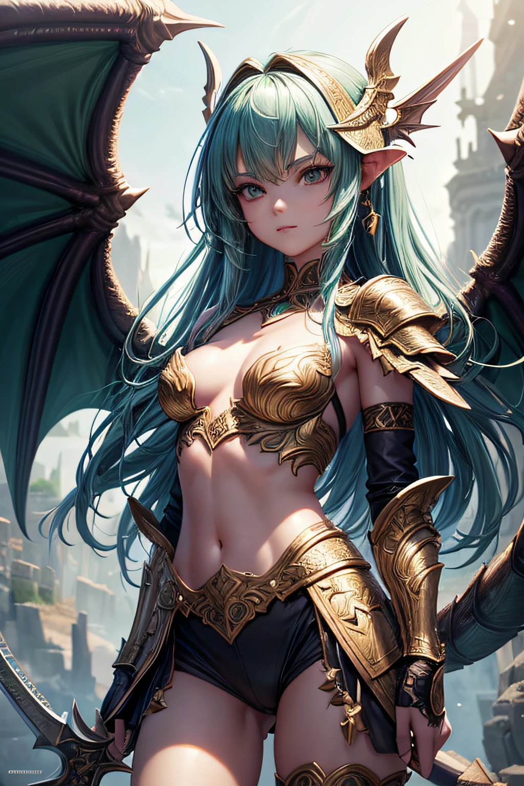 , ancient dragon girl, wings and tail, sexi, small breasts, green scale armor and accesories, wielding sword made of a dragon fang, highly detailed, vibrant appearance, creative behavior, extremly detailed, imaginative, sensual, spontaneous, highest quality, skin texture, intricate details, (cinematic lighting), RAW photo, 8k, masterpiece,best quality,ultra-detailed,very detailed illustrations,extremely detailed,intricate details,highres,super complex details,extremely detailed 8k cg wallpaper,