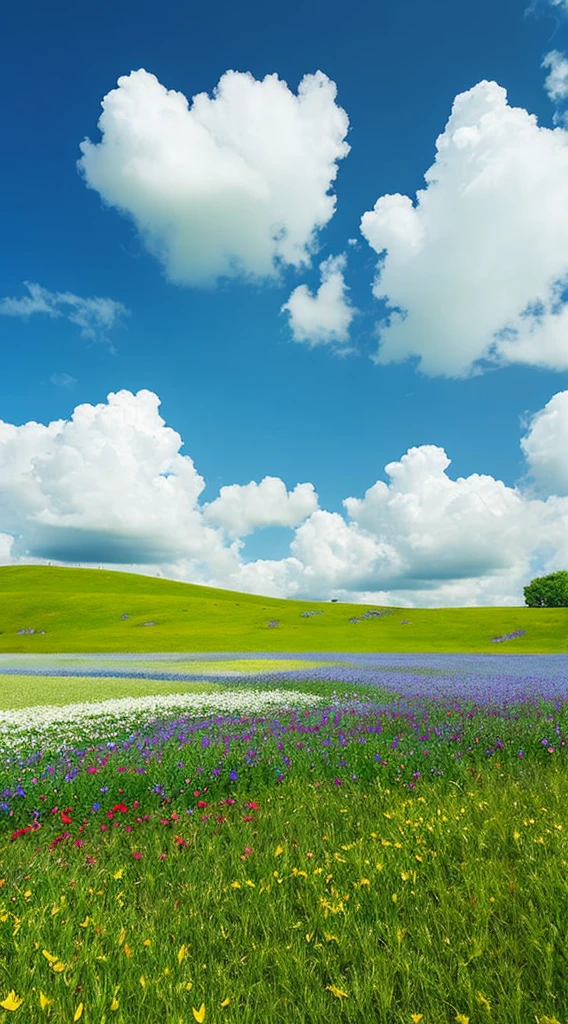 Realistic, authentic, beautiful and petal grassland with blue sky and white clouds --v6
