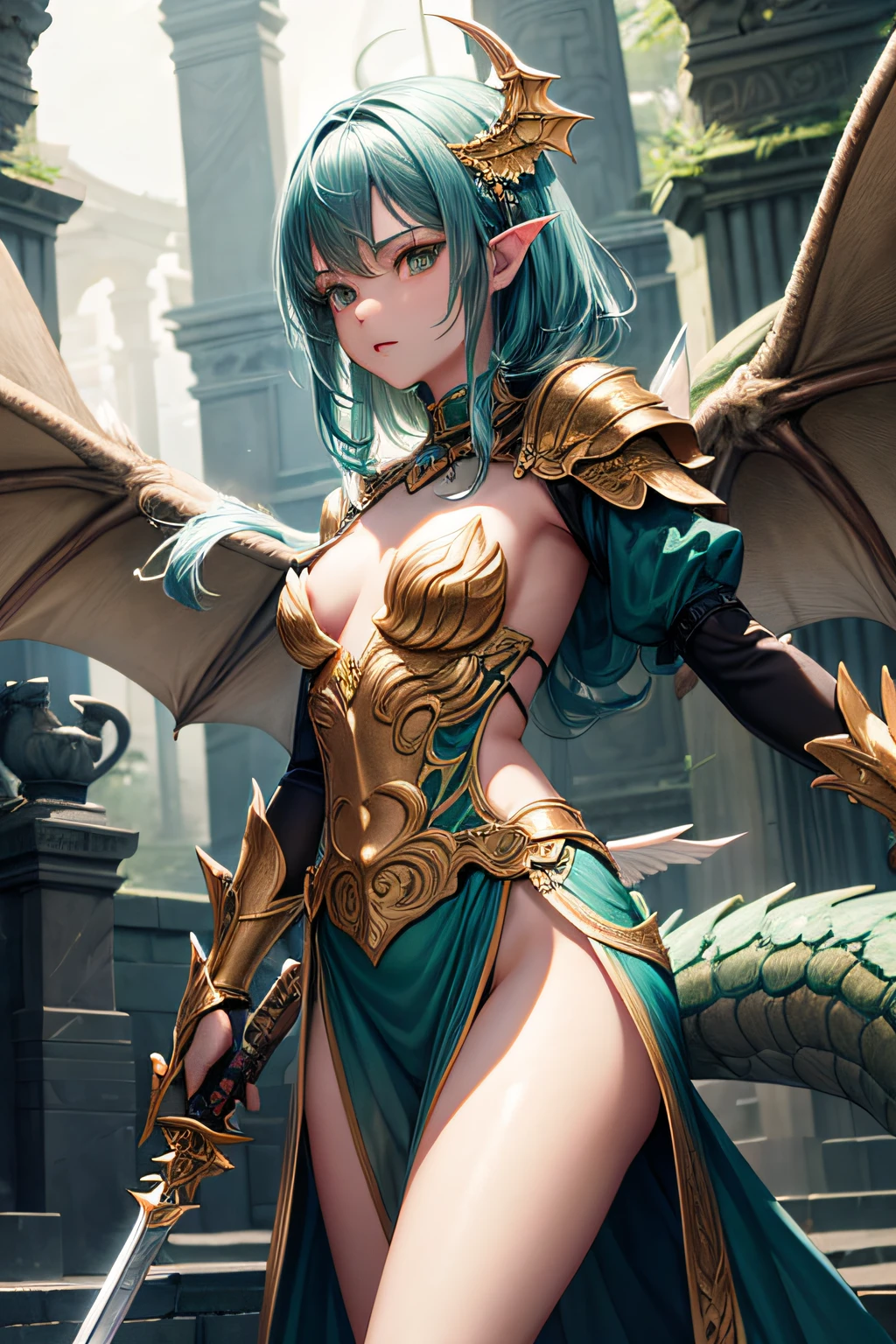 young girl, ancient dragon girl, wings and tail, sexi, small breasts, green scale armor and accesories, wielding sword made of a dragon fang, highly detailed, vibrant appearance, creative behavior, extremly detailed, imaginative, sensual, spontaneous, highest quality, skin texture, intricate details, (cinematic lighting), RAW photo, 8k, masterpiece,best quality,ultra-detailed,very detailed illustrations,extremely detailed,intricate details,highres,super complex details,extremely detailed 8k cg wallpaper,