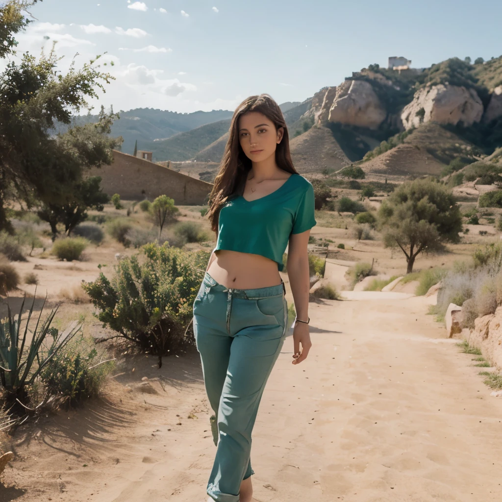 Kizi, 19 Jahre alt, Spanien, ist in einem Dessert, bare feet, 8K, ultrarealistisch, beautiful landscape, 8K, short green shirt, long hippie pants