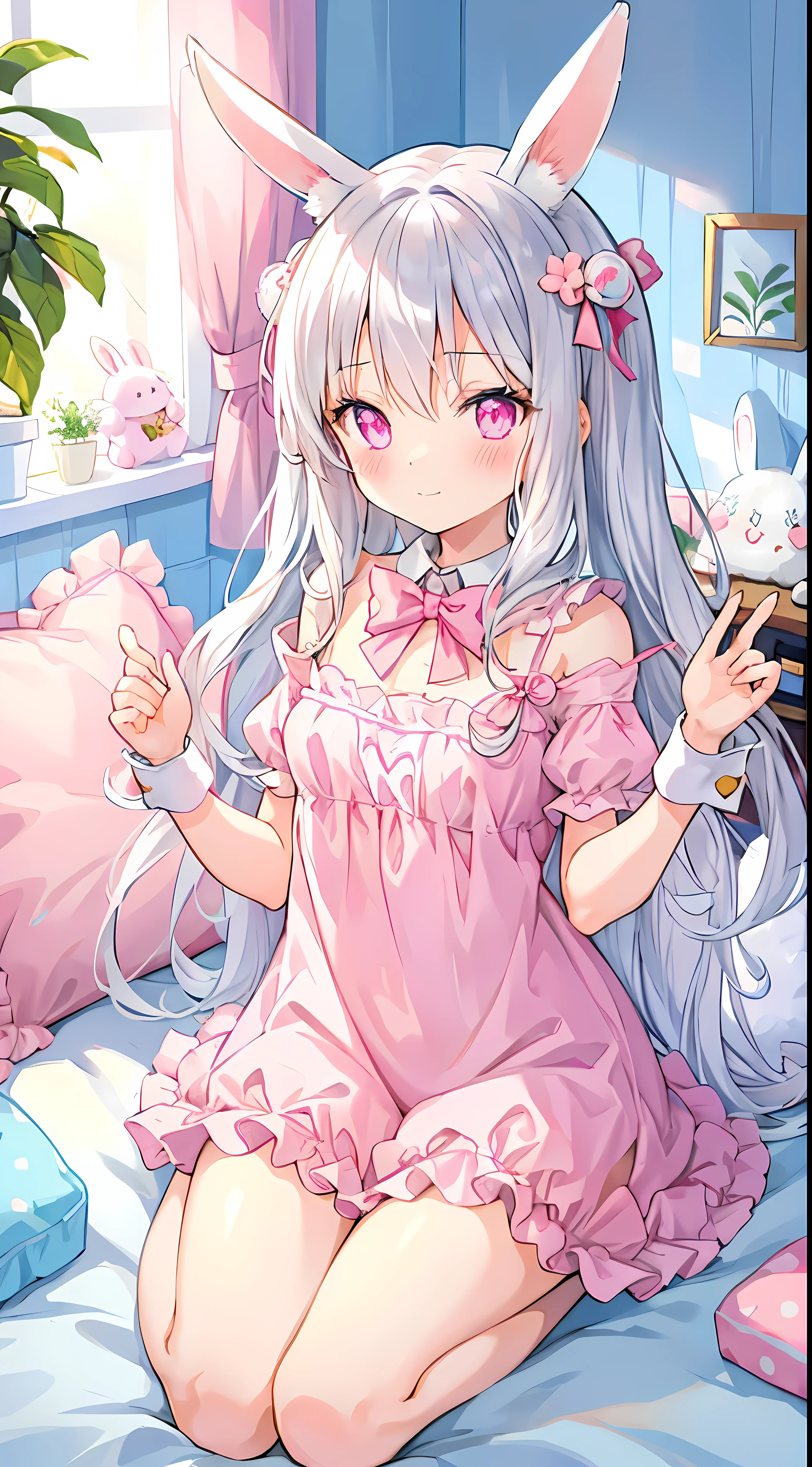 beautiful illustration, best quality, cute girl, bedroom, pastel color, fluffy bunny ears, petite, silver long hair, rabbit stuffed toy, bright lighting, light pink eyes