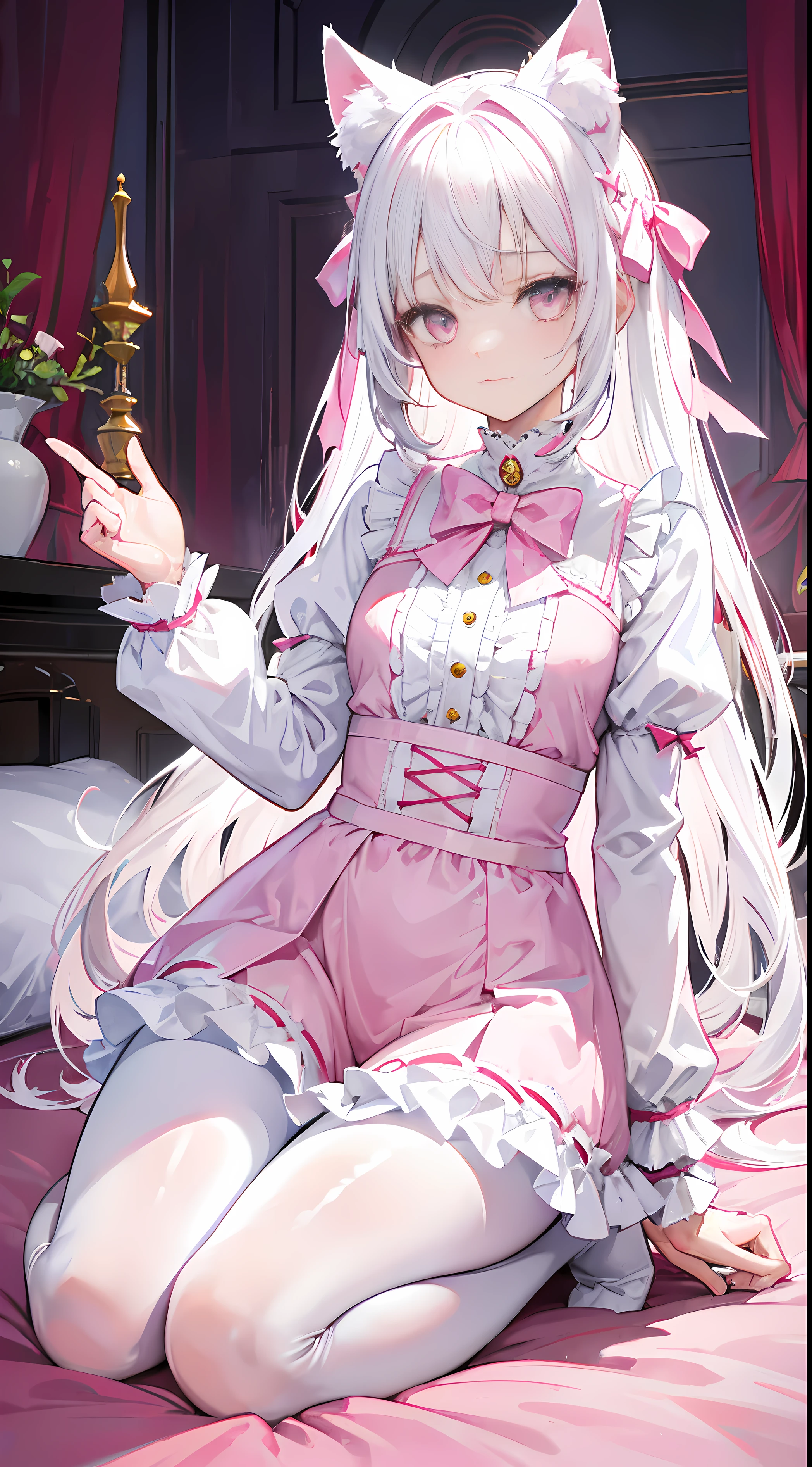 White hair，cat ear，a pink eyes，Light blue Lolita，Below are white leggings，pink bows，inside a room，kneeling on a bed