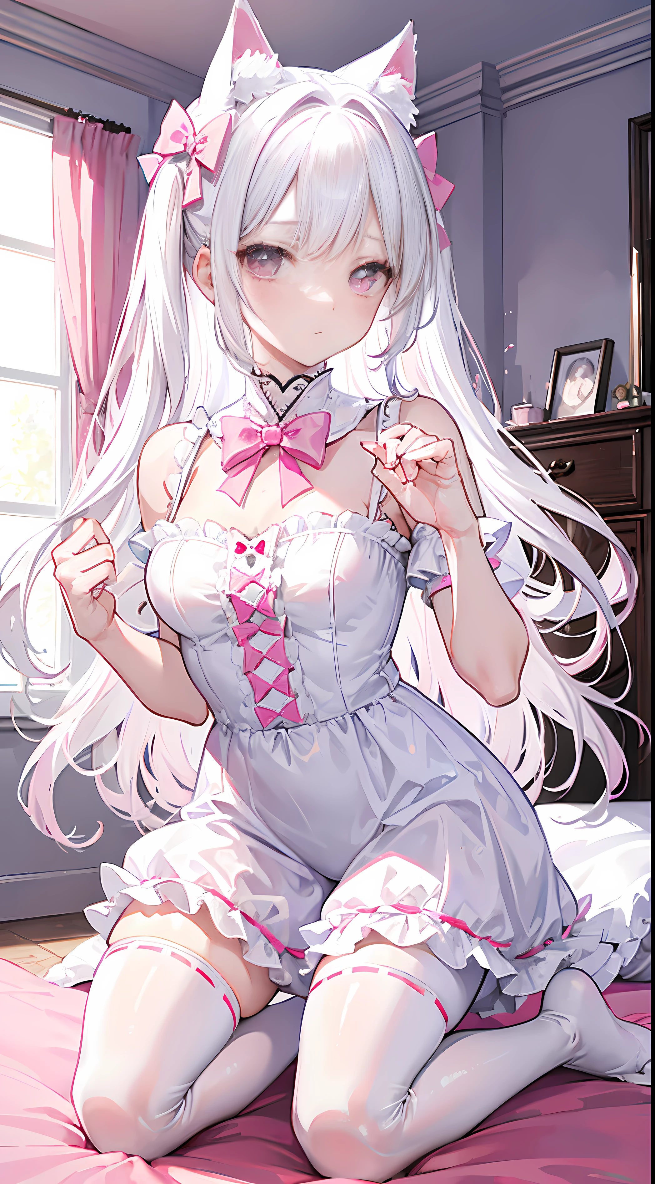 masterpiece, best quality, nsfw,
1girl, view from below,
lift up the skirt, maid clothes, white panties, white garter belt, silver hair, embarrassed face,
(wet body:1.2), bedroom, night,