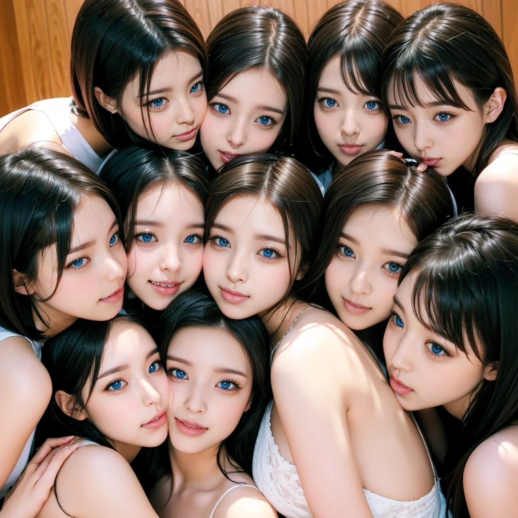 Raw photo、((5girls)),Open eyes、Five ***********s kissing and loving each other、The same face、A dark-haired、a smile、same person、(lesbian orgy)