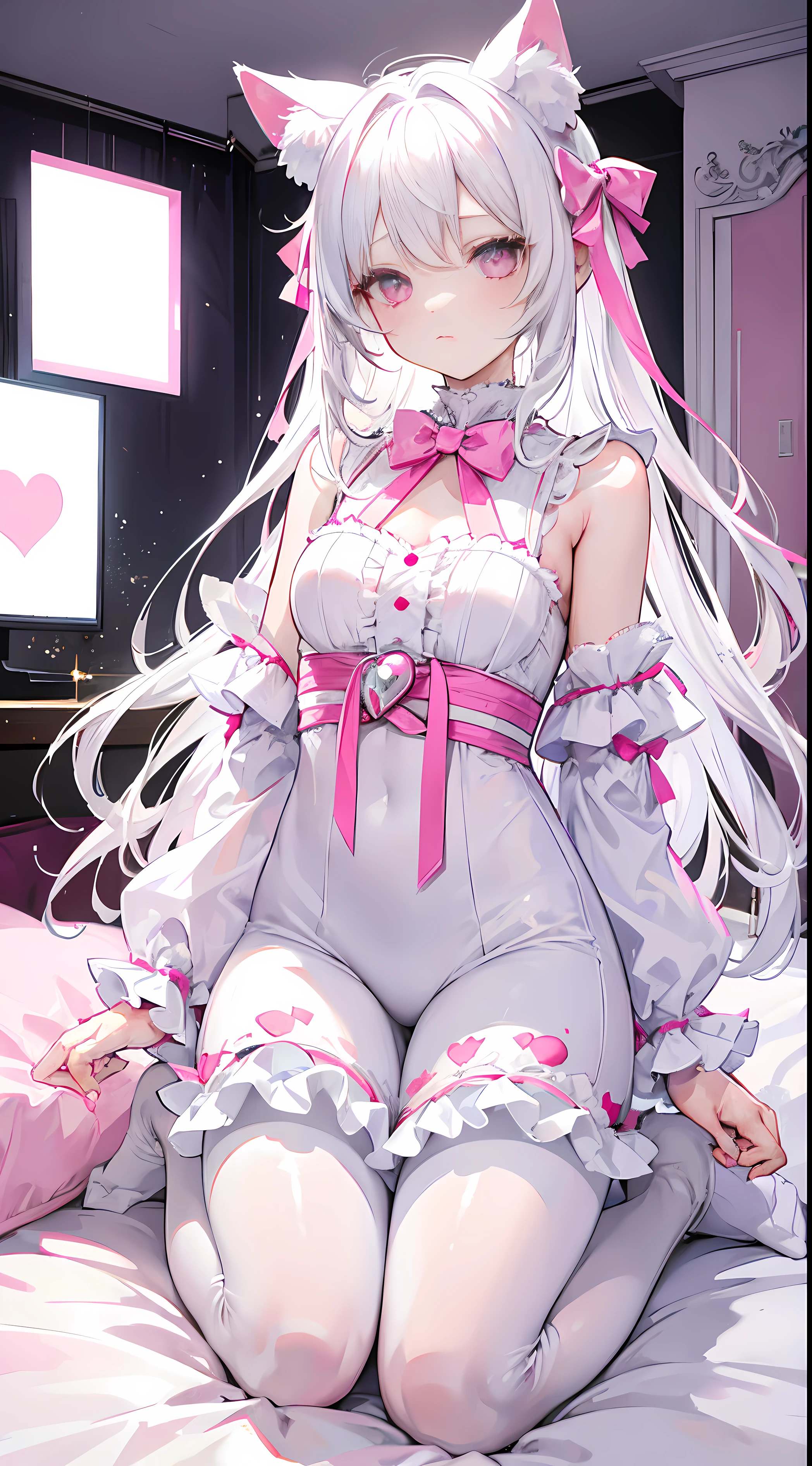 White hair,cat ear,a pink eyes,Light blue ta,Below are white leggings,pink bows,inside a room,kneeling on a bed