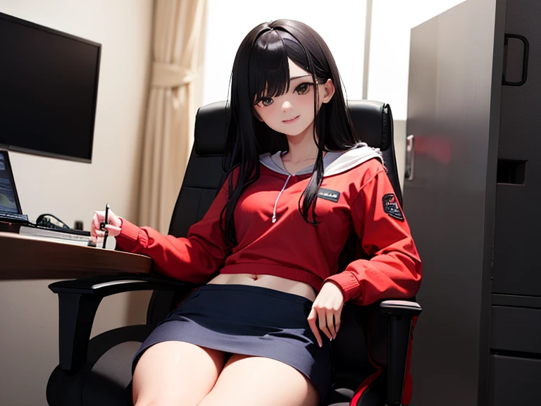 masterpiece 最hightquality hightquality One pretty woman a smile Energy Drinks gamingroom Delivery room darkened room Monitor Light inside in room parka checked skirt Medium Hair Game Distributor Gaming Chair sitting on plushies