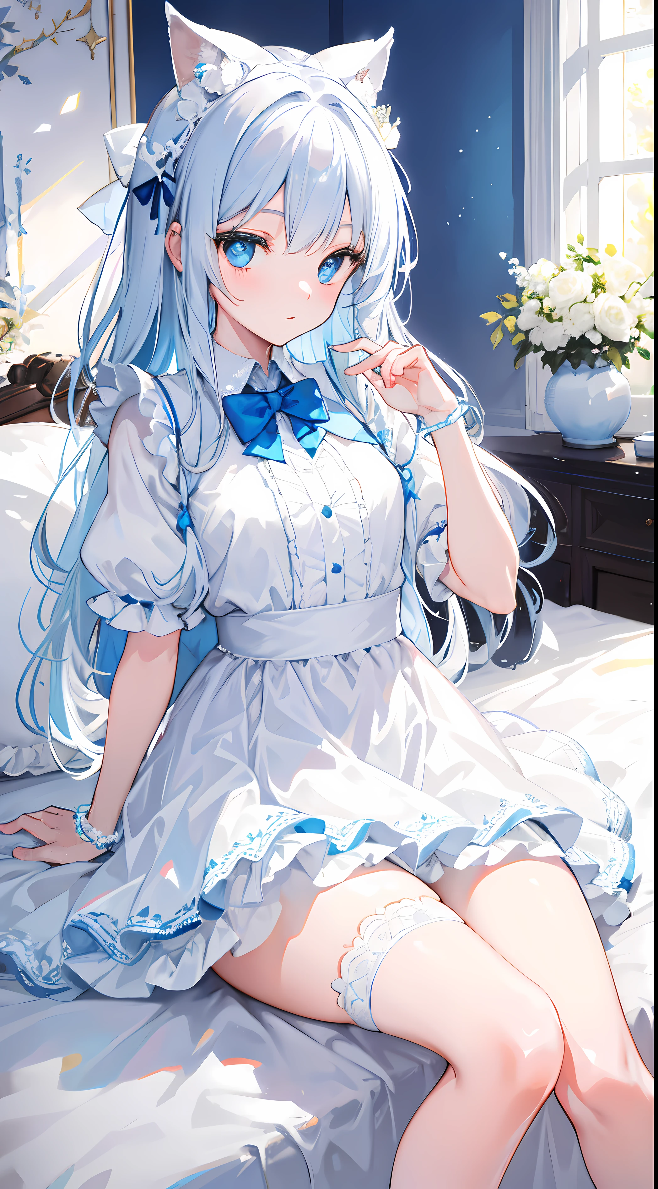 On a very large white bed, white pillows, white light, There is one girl, sit on a bed, Wearing a white princess dress, White stockings, A blue bow is tied around the waist, There is a blue band on the wrist, blue color eyes, Long white hair, exquisite facial features, Beautiful and moving, (Vivid depiction), Single braid, color difference, reflective light, hyper HD, tmasterpiece, super detailing, high detal, Best quality