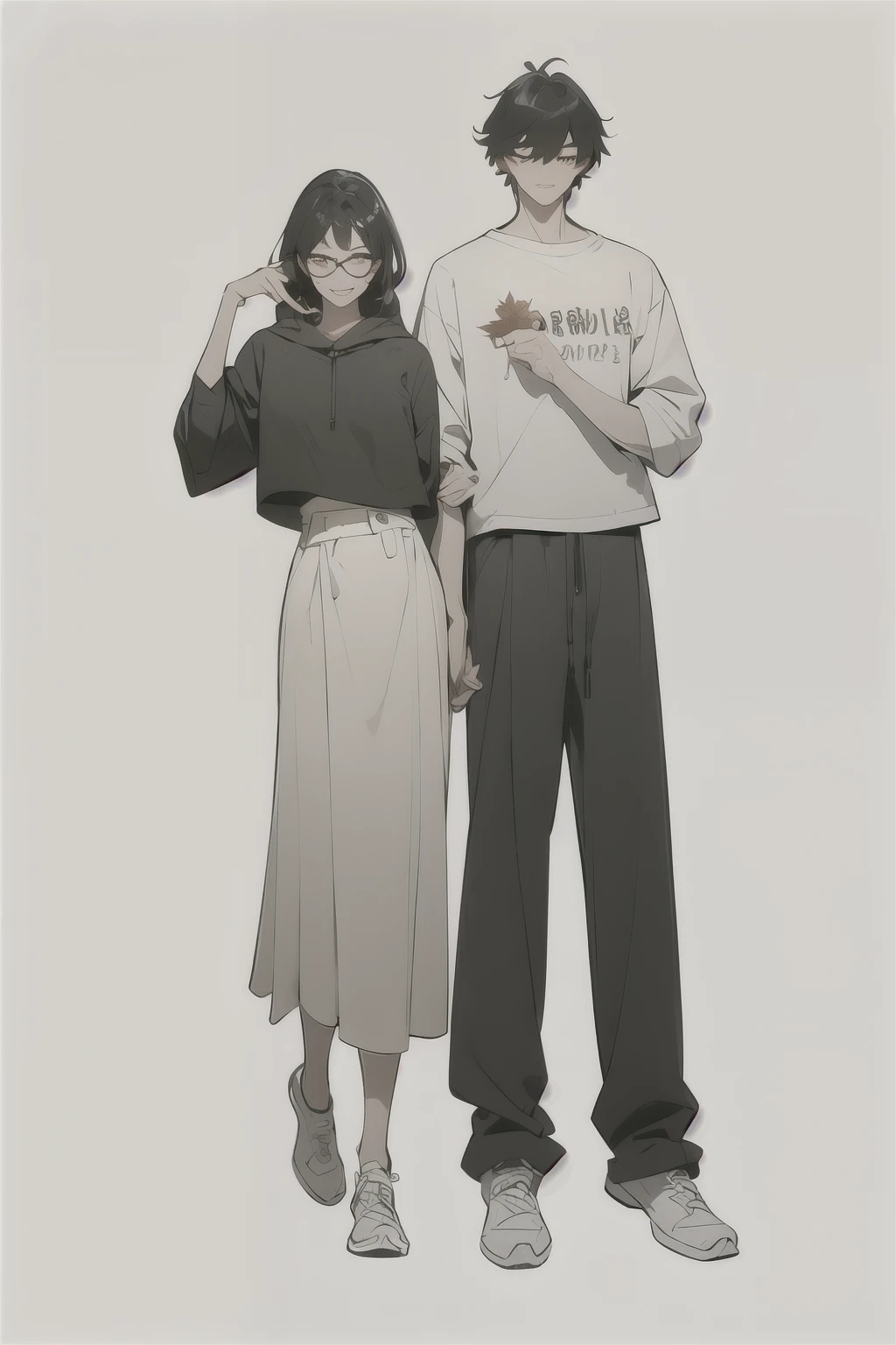 anime images facing each other, a boy and a girl, 🍁 cute, pose in opposite directions, like being separated between 2 different dimensions, soft anime illustrations, make a boy wearing glasses with black frames, a girl with short shoulder-length hair without glasses, the boy and girl both wear a hoodie, with casual shoes, the girl wears a long skirt that extends down, make the background as if in the mountains.