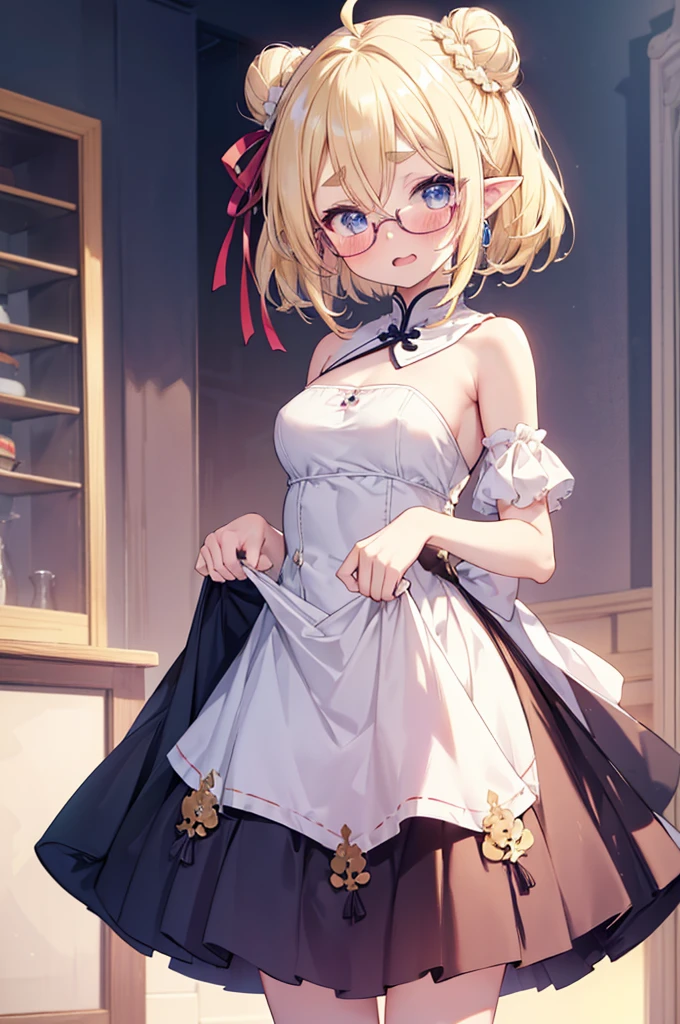 ultra detailed, best quality, high resolution, ((16k)), ((1girl)), pale skin, petite, (glossy blonde hair:1.5), (very short hair:1.5), (ahoge:1.3), (glasses), pointy ears, (blush:1.5), blue eyes, medium breasts, smile, cowboy shot, chinese store, big hair ribbon, ((double bun)), ((fang)), open mouth, (forehead:1.3), (thick eyebrows), ((pretty china dress)), ((wavy mouth)), ((clothes lift:1.3)), ((nsfw)), (panty shot), ((chibi:1.3)), white frilled panty, white frilled bra, ((bra lift:1.3)), closed eyes