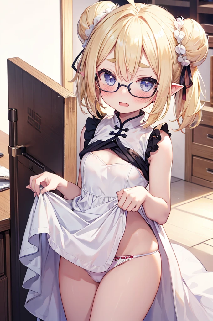 ultra detailed, best quality, high resolution, ((16k)), ((1girl)), pale skin, petite, (glossy blonde hair:1.5), (very short hair), (ahoge:1.3), (glasses), pointy ears, (blush:1.5), blue eyes, medium breasts, smile, cowboy shot, chinese store, big hair ribbon, ((double bun)), ((fang)), open mouth, (forehead:1.3), (thick eyebrows), ((pretty china dress)), ((fall down)), ((wavy mouth)), ((clothes lift:1.3)), nsfw, (panty shot), ((chibi:1.2)), white panty is one point ribbon, white frilled bra,