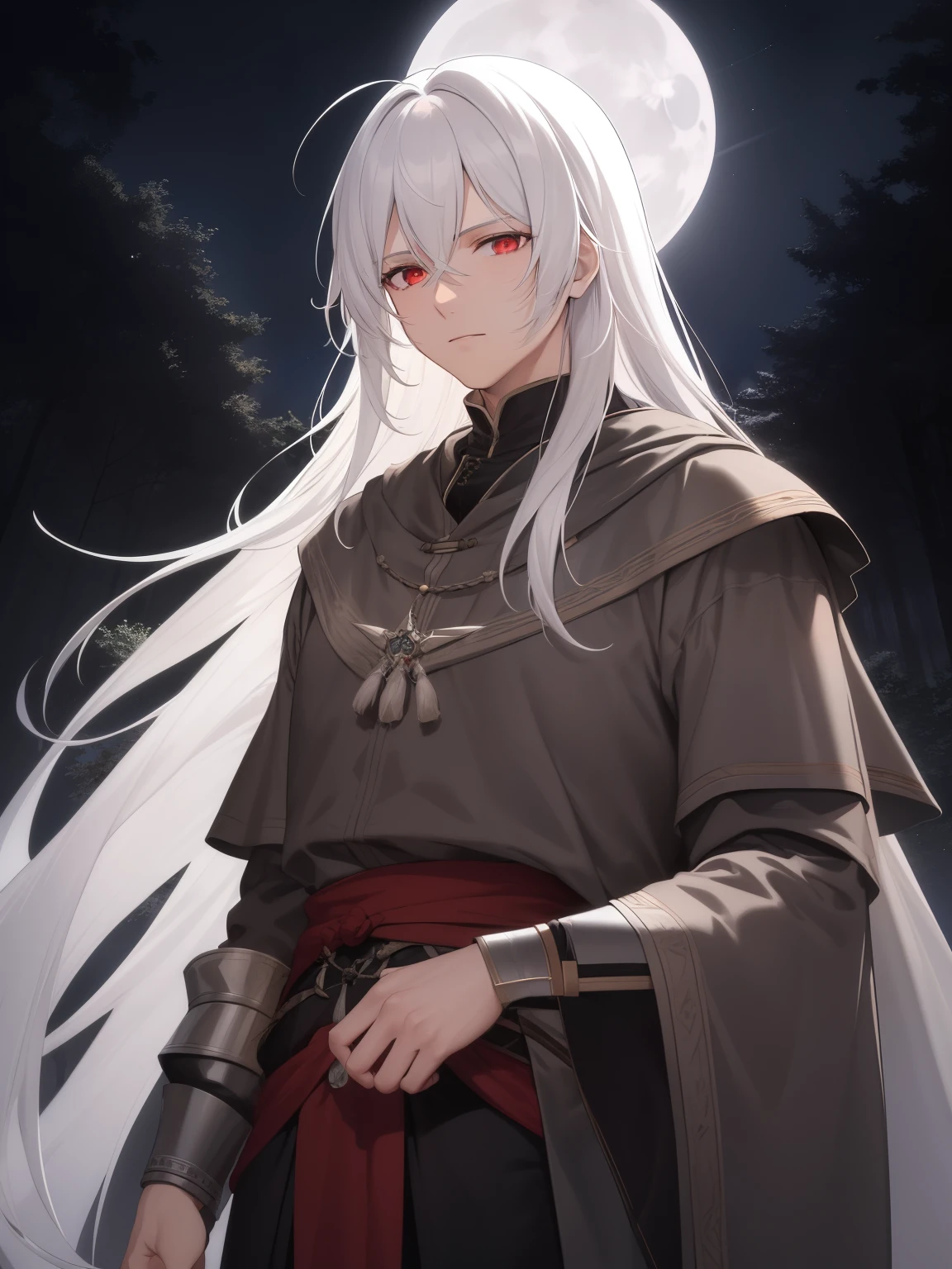 1male, calm, age 35 face, long messy hair with bangs, white hair, red eye, (forest, moonlight, moon), d&d,  medieval clothes, 8k, masterpiece, highly detailed, solo