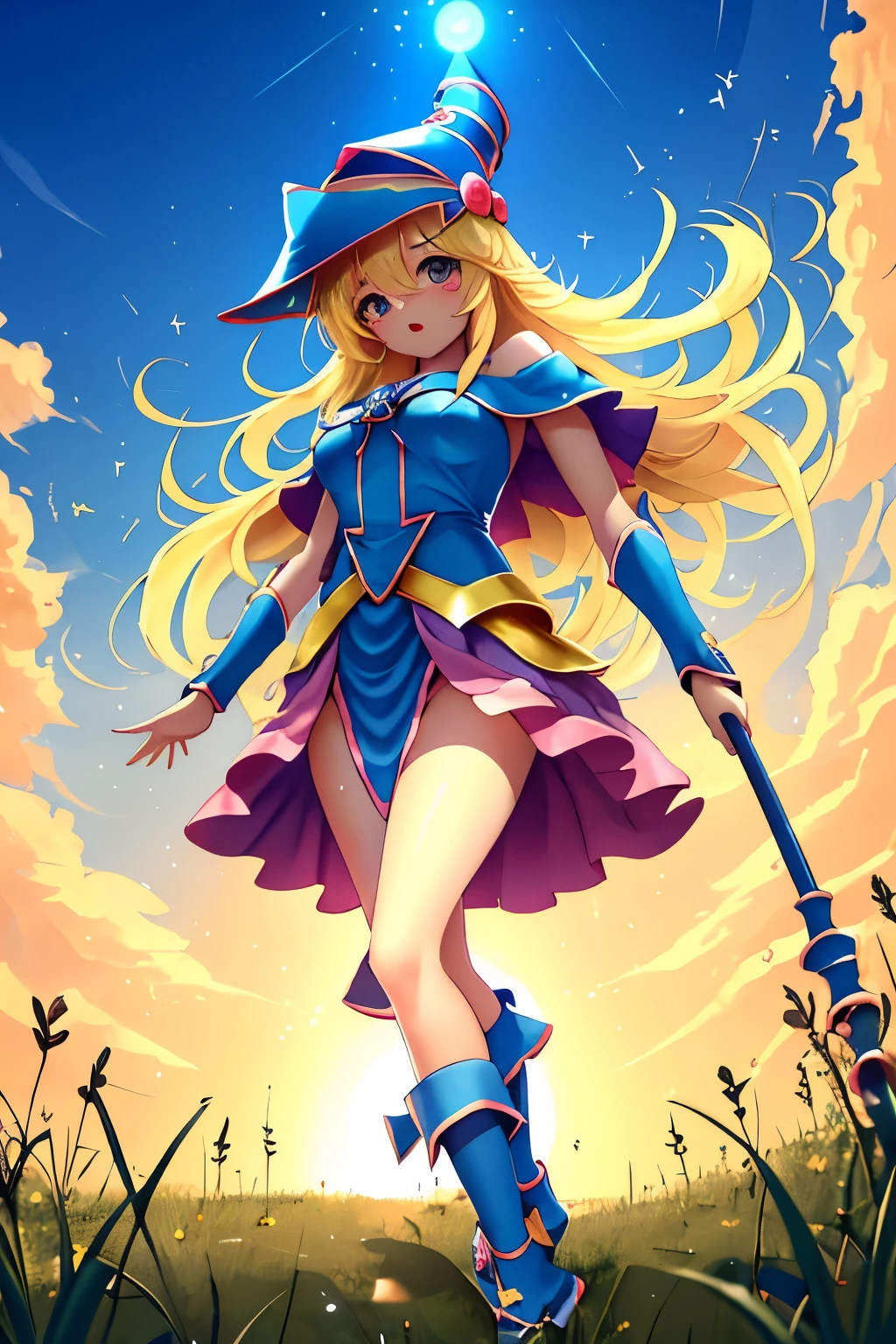 chica maga oscura, obra maestra, mejor calidad, 1girl, cabello rubio, calzado azul, sombrero azul, pechos, monstruo de duelo, sombrero, hexagrama, flotante, sol: 2, cabello largo, mirando al espectador, toenail polish, pentacle, pentagrama, solo, walking stick, varita, sombrero de mago, yu-gi-oh!, desenfoque de movimiento, (luz del sol: 1.2), chromatic abberation, profundidad de campo, soft illuminaotion, al aire libre, en el cielo, Pose sujestiva y sensual