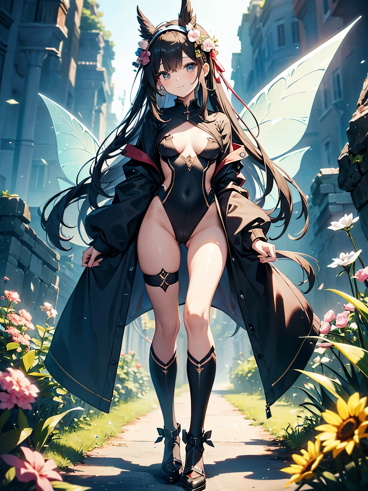 ((4k、8k、top-quality、perfect fingers: 1.3、perfect anatomia: 1.3、Background blur))、1人、((sixteen years old、small tits、Cute eyes、stright long hair、a beautiful slender girl))、 (fairy wings、frilld、long-sleeve、fantasy leotard、Beautiful decorative headband):1.1、((Full-body angle))、in a quiet forest、Shy laughter、