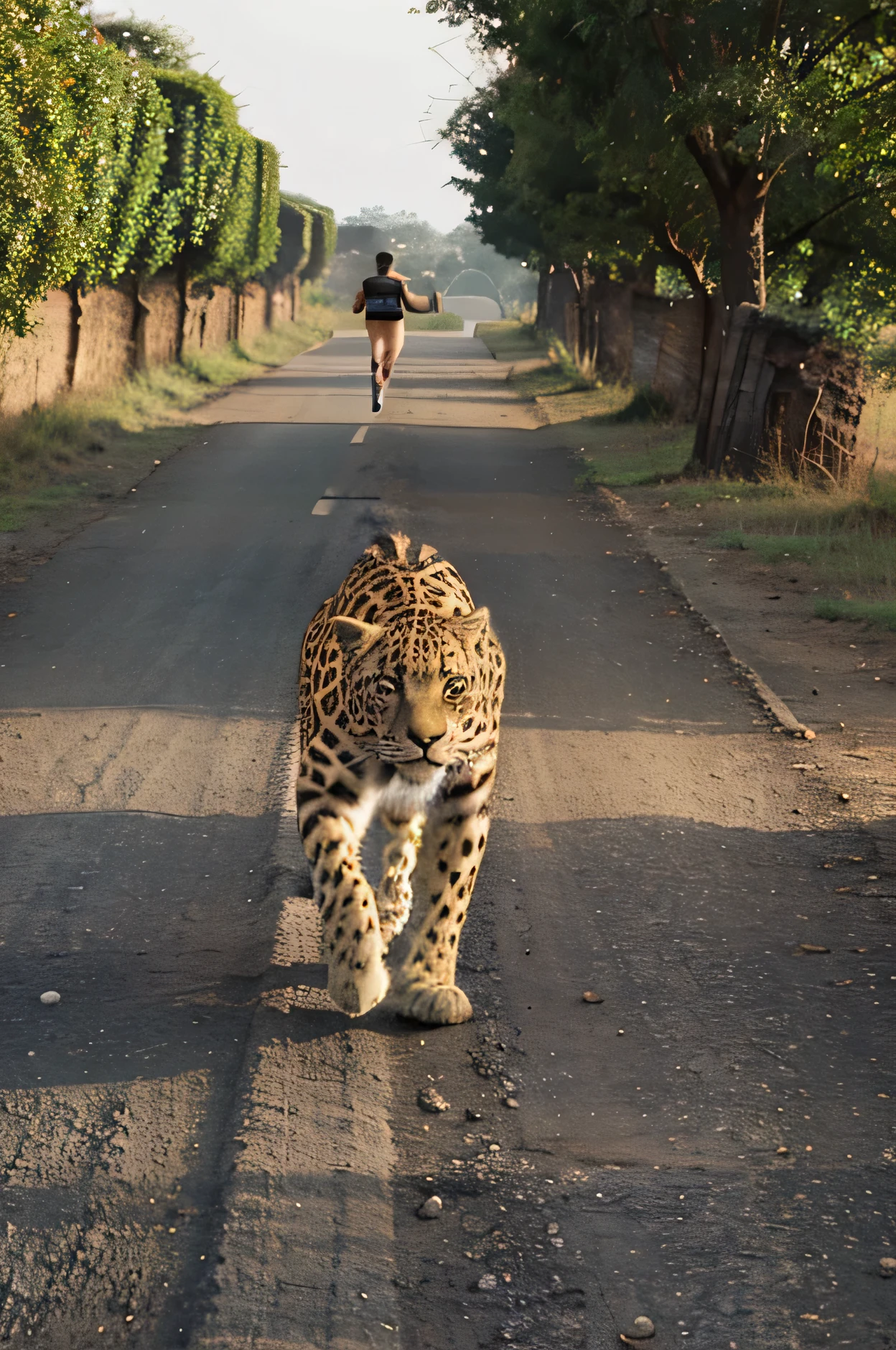 running away, facing forward, leopard at the back facing forward, running towards man