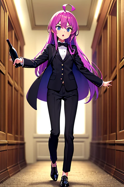 1girl, skinny, small breast, tall, purple long loose hair, hime cut, ahoge, blue eyes, white shirt, black bow tie, black jacket, black trousers, wine cellar, bottle of wine in hand, surprised look, ((half body))