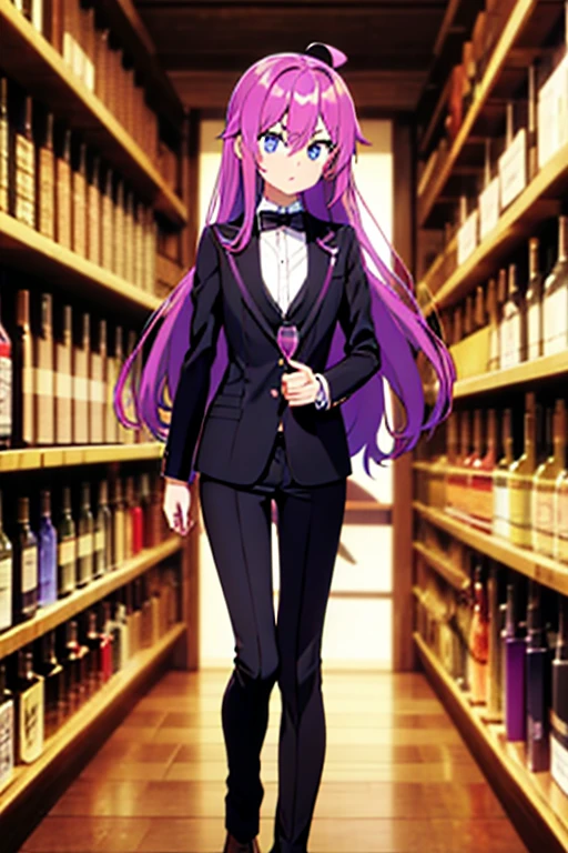1girl, skinny, small breast, tall, purple long loose hair, hime cut, ahoge, blue eyes, white shirt, black bow tie, black jacket, black trousers, wine cellar, bottle of wine in hand, surprised look, ((half body))