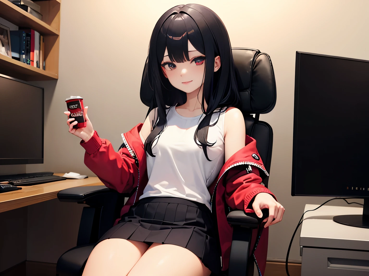 masterpiece 最hightquality hightquality One pretty woman a smile gamingroom darkened room Monitor Light inside in room parka checked skirt Medium Hair Game Distributor Gaming Chair sitting on