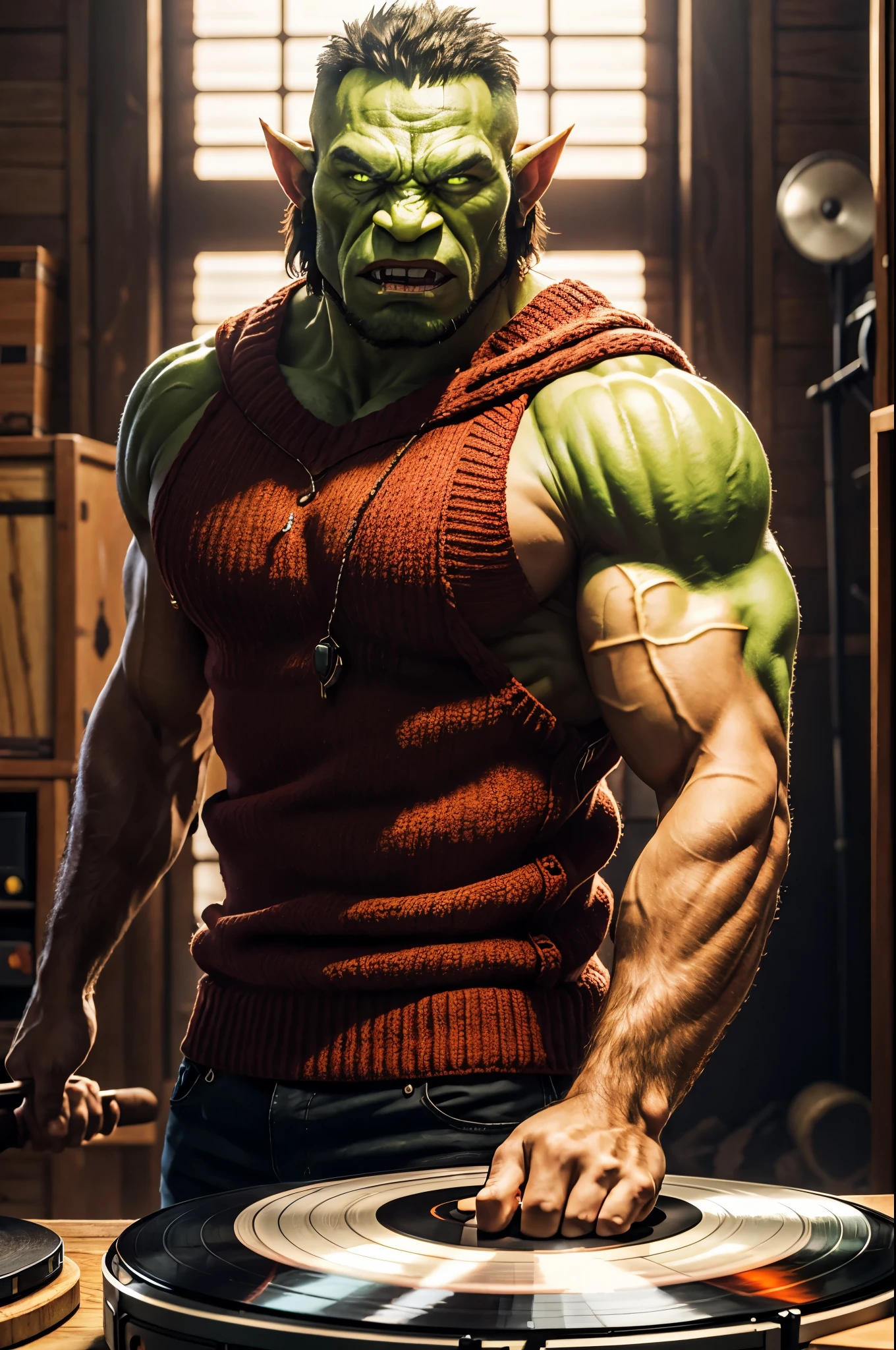 Muscular Orc warrior with a large battle axe, Orc home teeth, Green skin, Green body, Wearing orange Karl Kani sweater, short brown styled hair, Record collection in the background, 8k, masterpiece, looking at viewer
