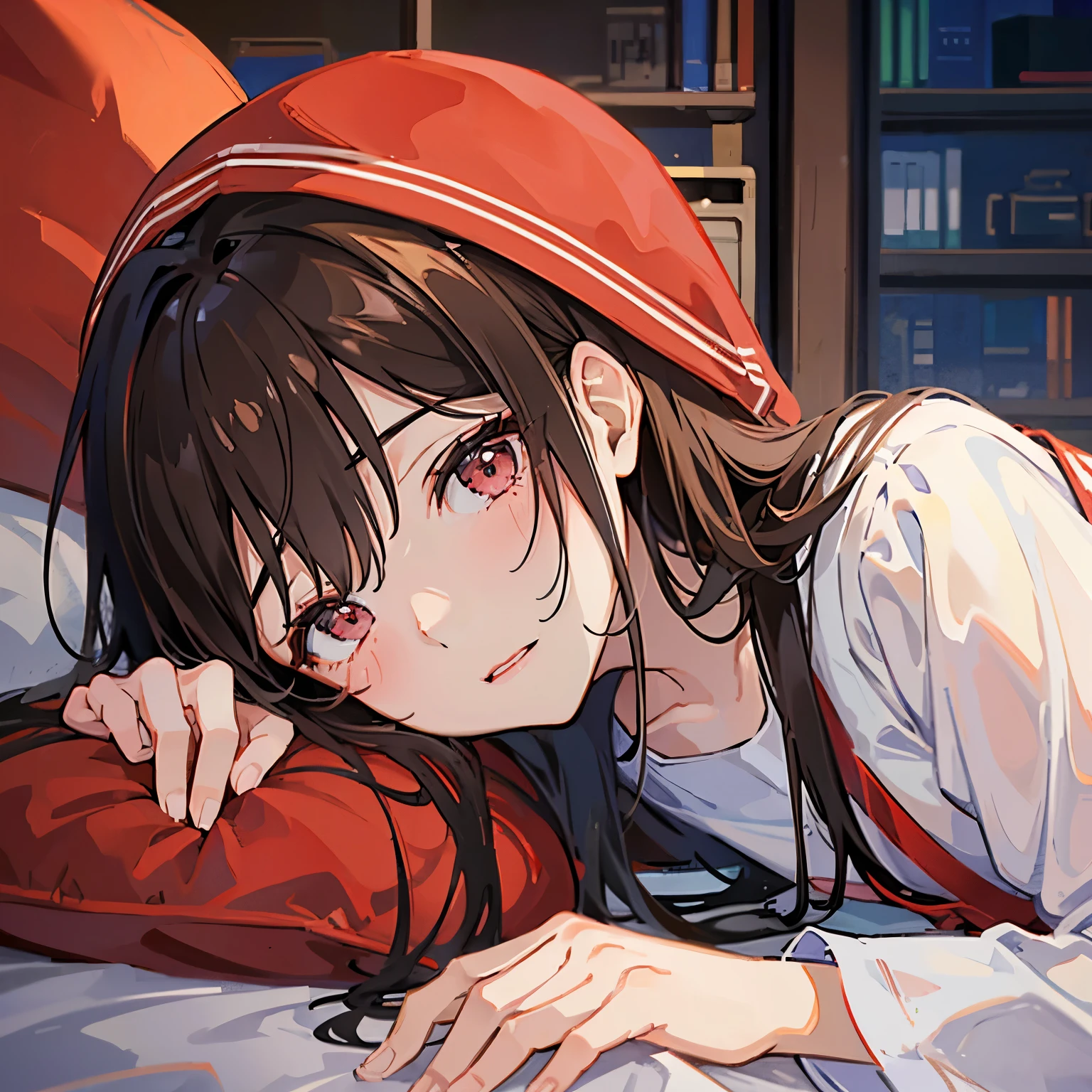 1人、girl with、Brown hair long、Eyes are red、unclear、kawaii、Sleeping in bed