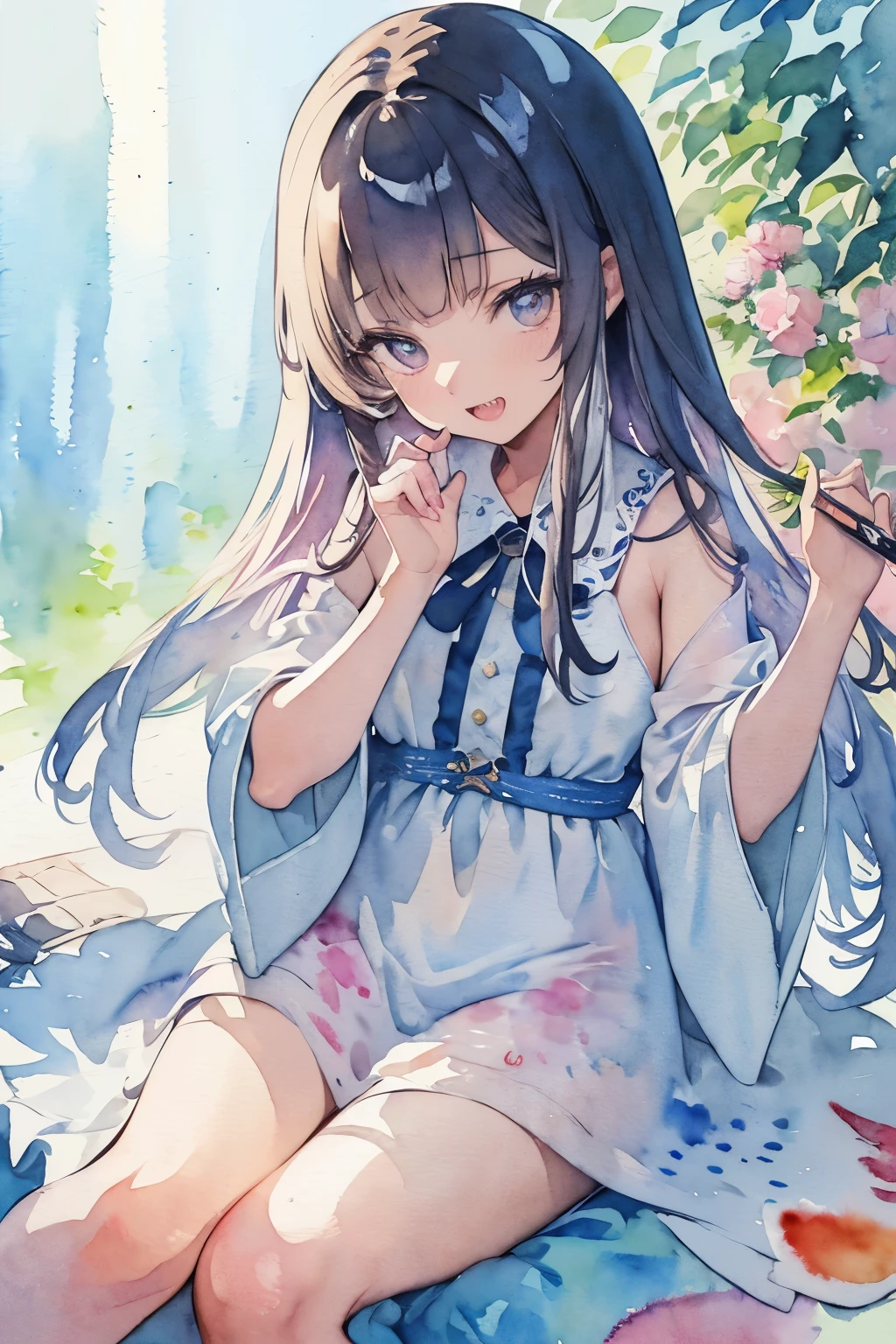 ((masterpiece)), (best quality), (ultra-detailed), best illustration, finely detail, (watercolor drawings:1.6), (hand-painted:1.2), (Watercolor brush hair), little girl, blunt bangs, feminine, (silky straight hair), (hollow eyes), (sharp teeth, open mouth wide), ruins