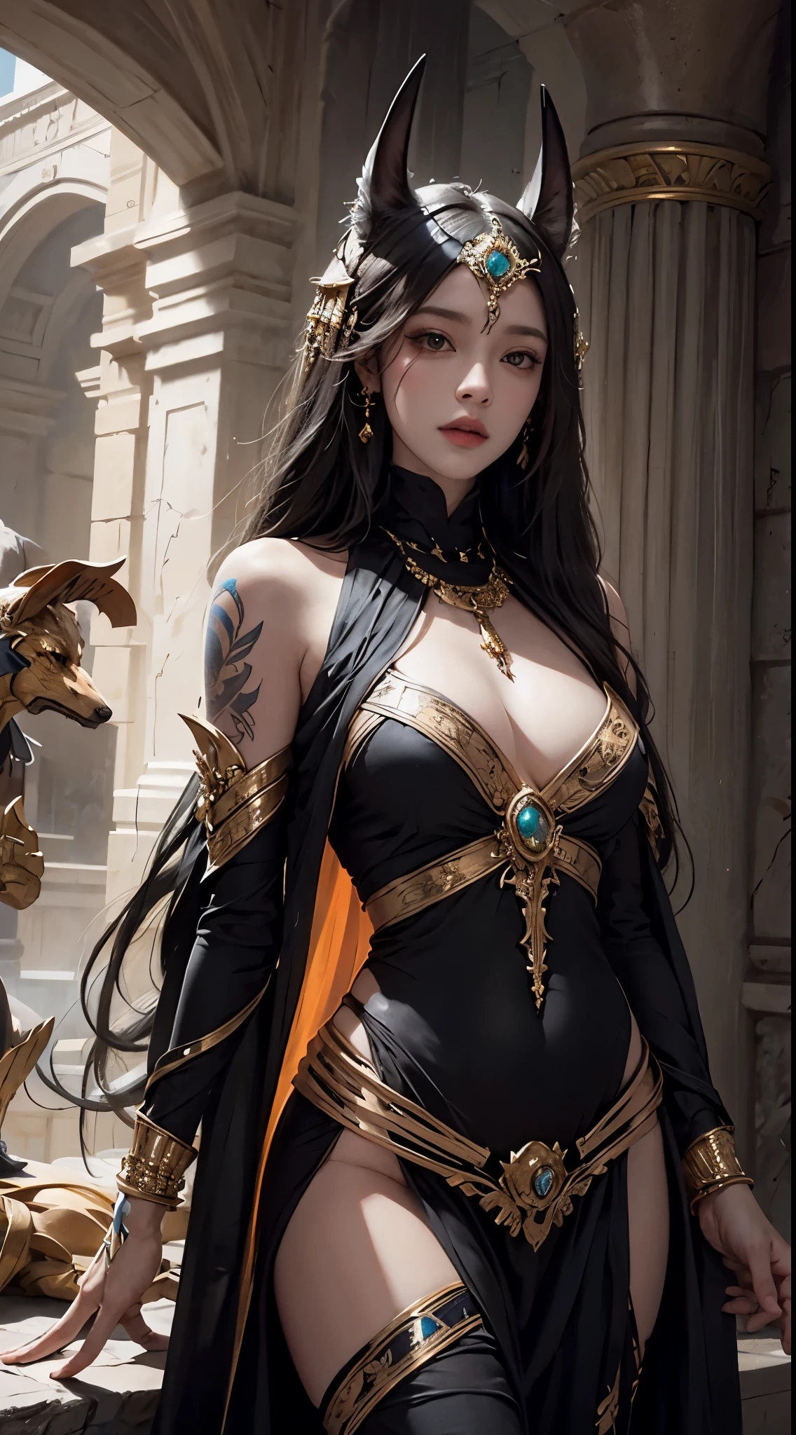 (A beautiful 25 years old female Greek maiden:1.2), (wet long black hair:0.9), (pale skin), (detailed oily and sweaty skin:1.2), (serious face), (wearing black colored revealing Greek maiden outfit with golden ornate), (waist up shot:1.2), (temple at night background:1.1), (waist-up shot:0.8), view from front, (dynamic pose:0.8), (chiaroscuro lighting:0.8), photo realism, intricate face detail, intricate hand details, highly detailed, vibrant colors, cinematic, 8k, trending on Artstation--style raw